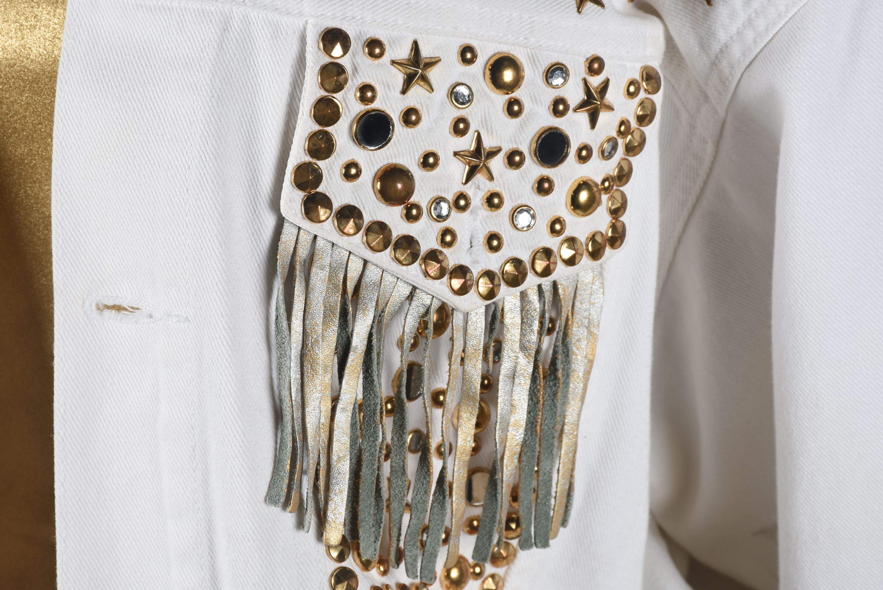 Embellished White Denim Stage Ensemble with Suede Fringe