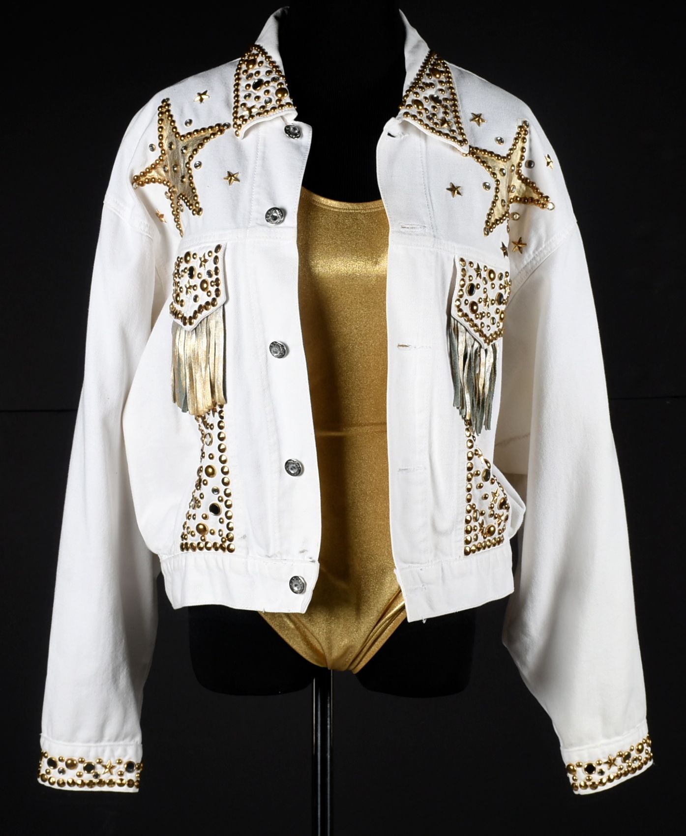 Embellished White Denim Stage Ensemble with Suede Fringe