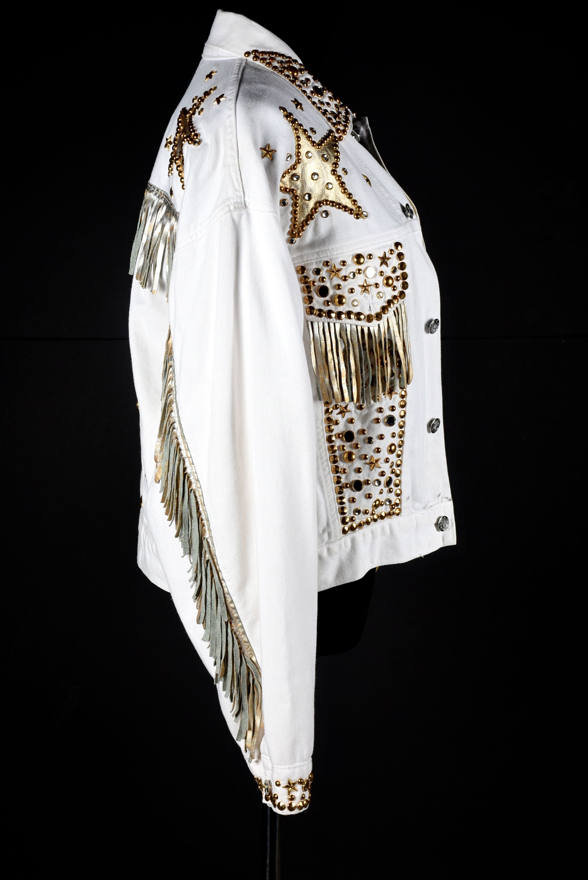 Embellished White Denim Stage Ensemble with Suede Fringe