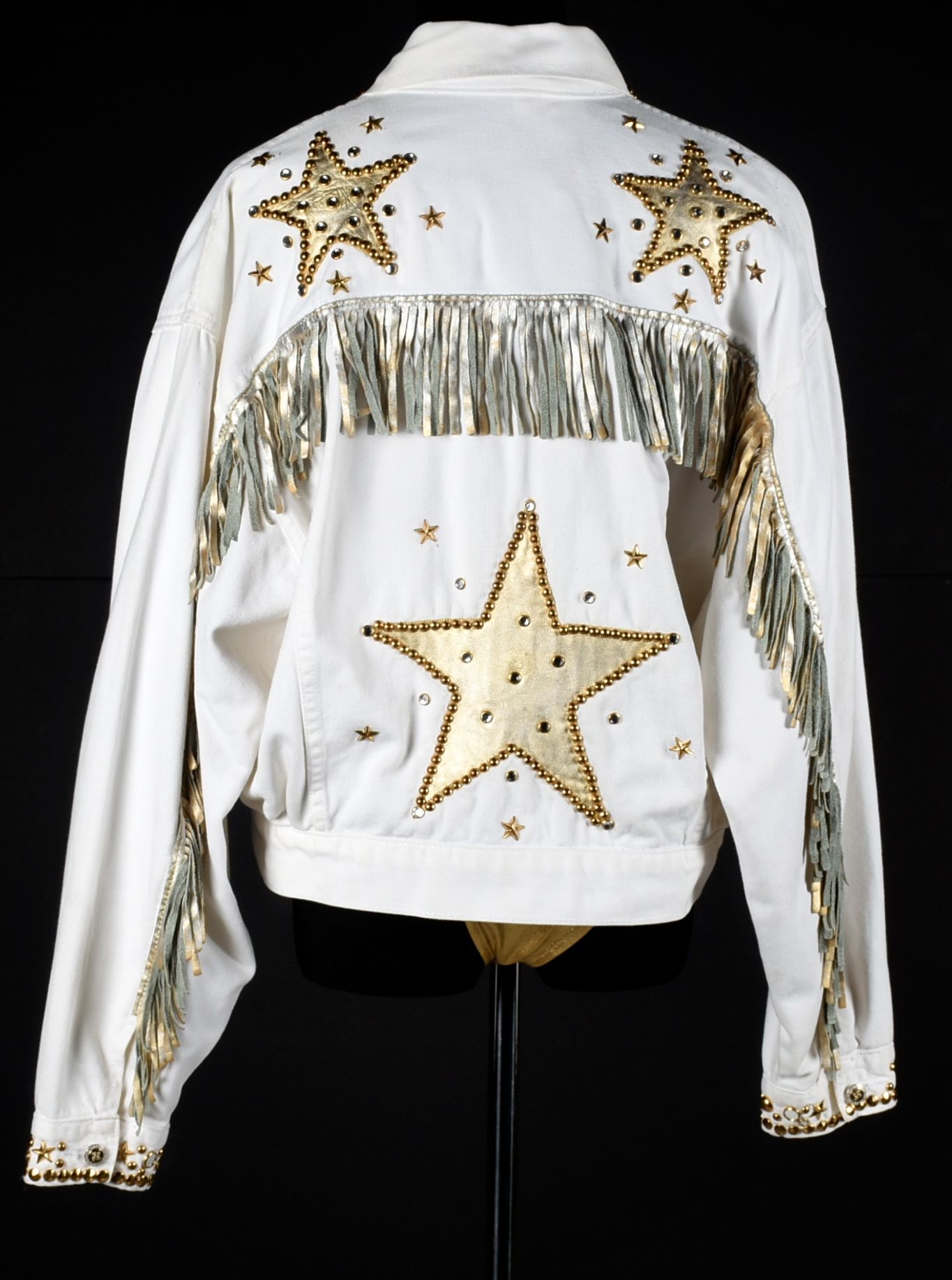 Embellished White Denim Stage Ensemble with Suede Fringe