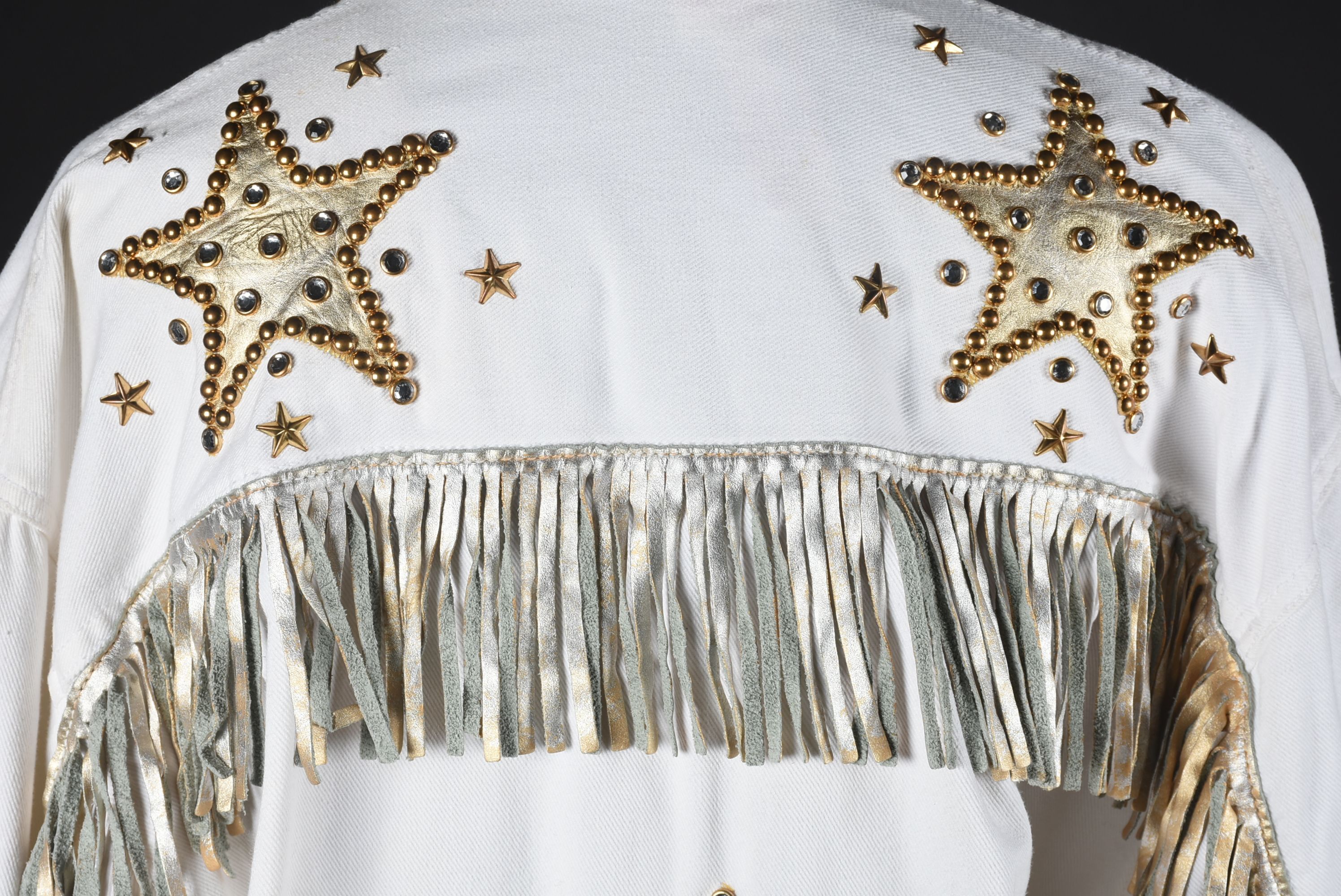 Embellished White Denim Stage Ensemble with Suede Fringe