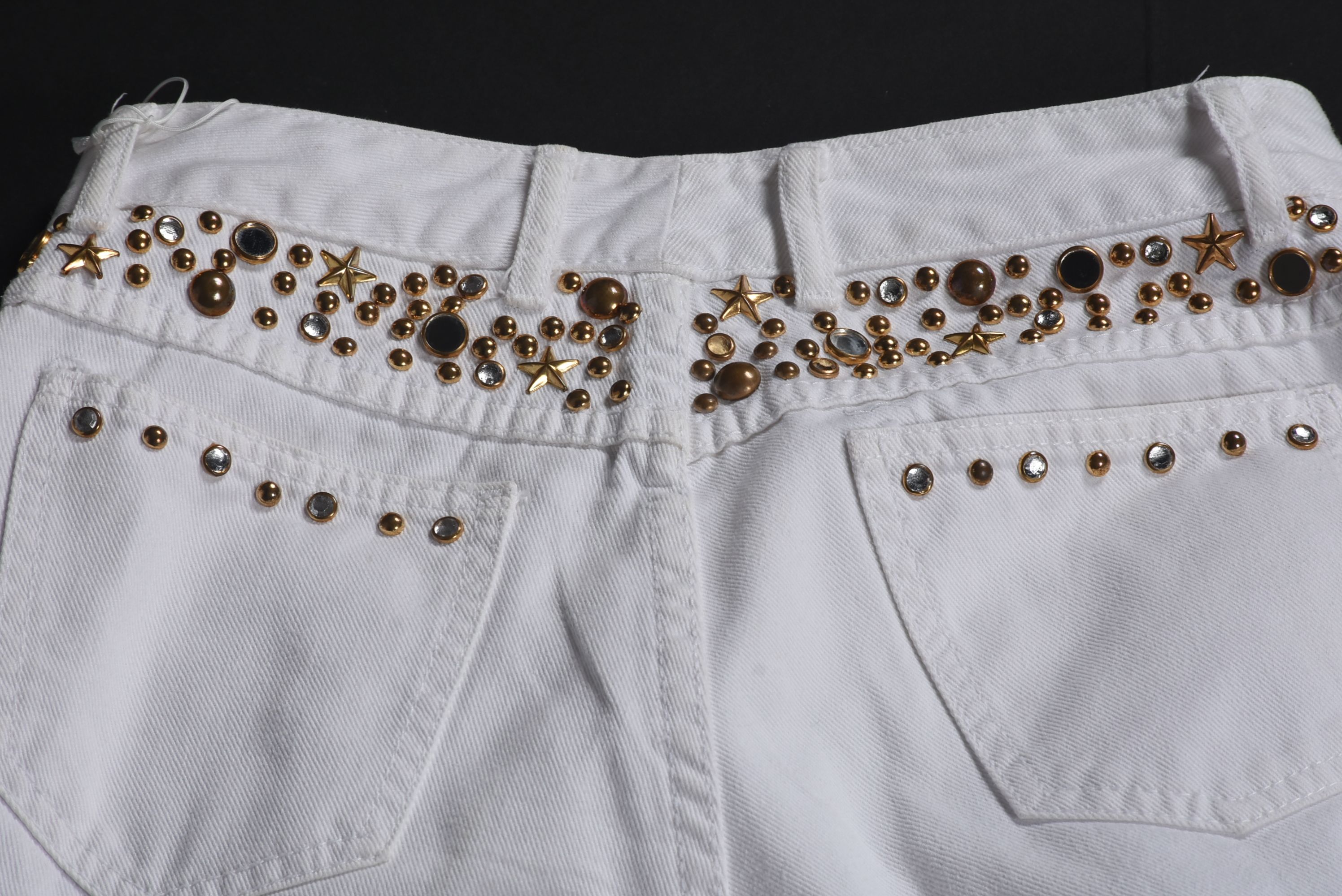 Embellished White Denim Stage Ensemble with Suede Fringe