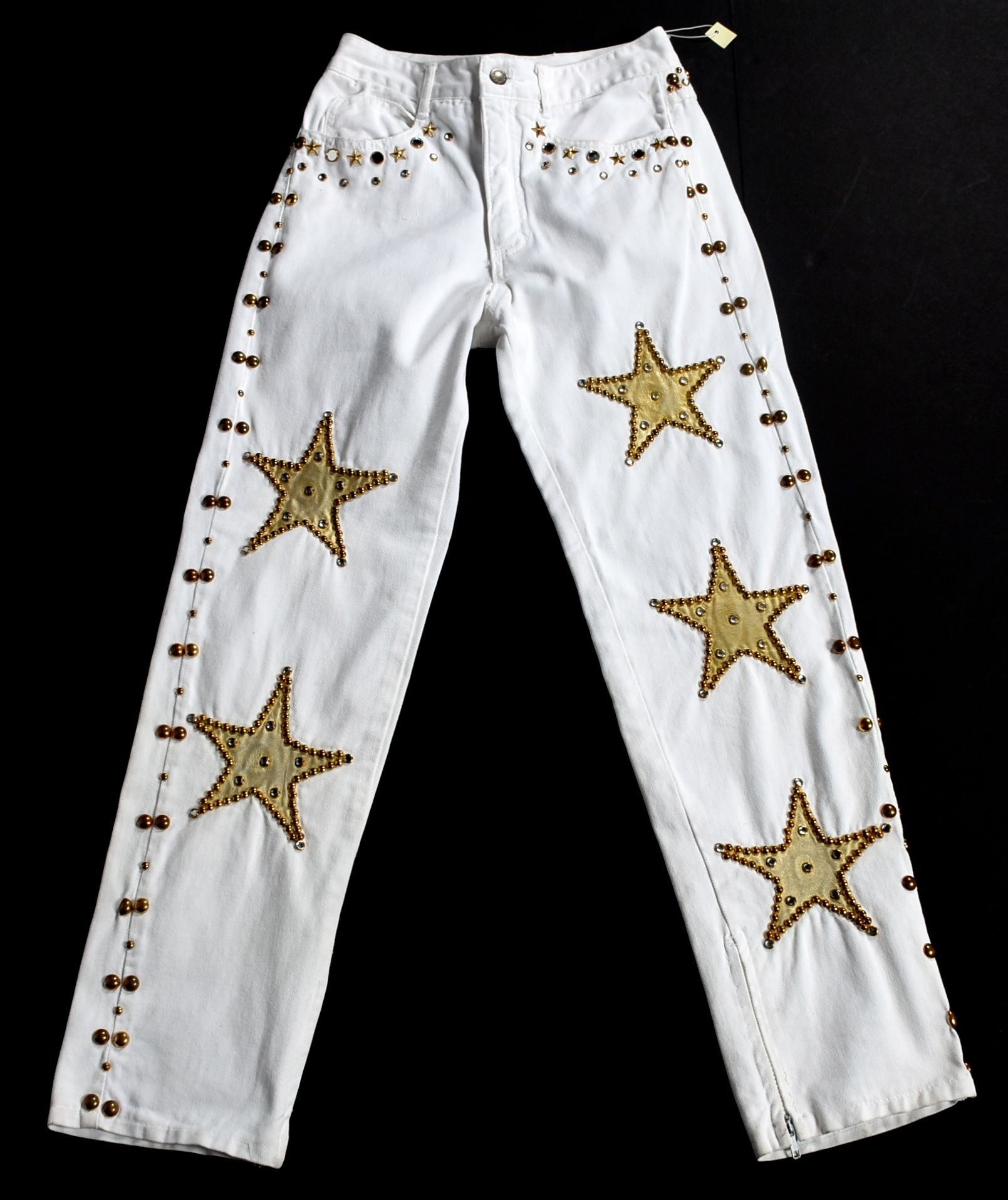 Embellished White Denim Stage Ensemble with Suede Fringe