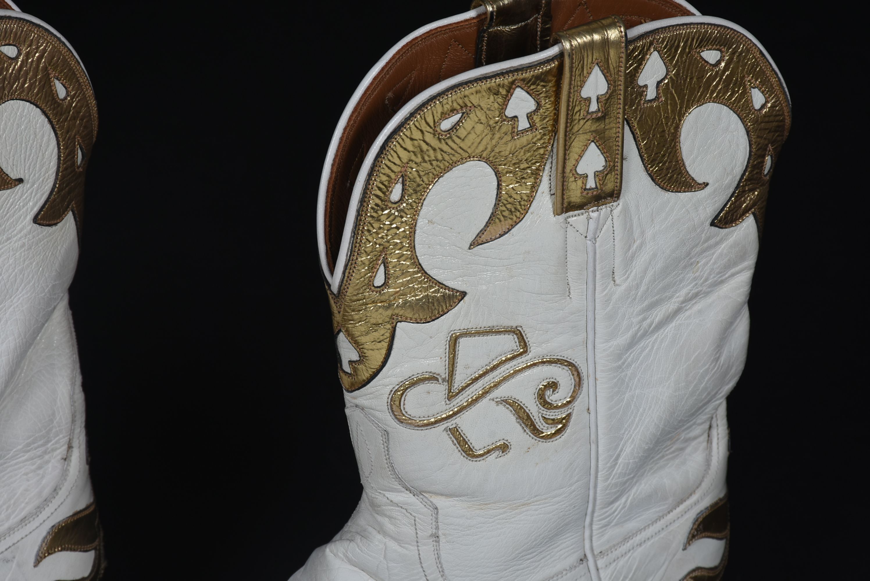 Ammons of El Paso, Texas White and Gold Leather Custom Handmade Mid-Cut Cowgirl Boots with Tanya's Logo