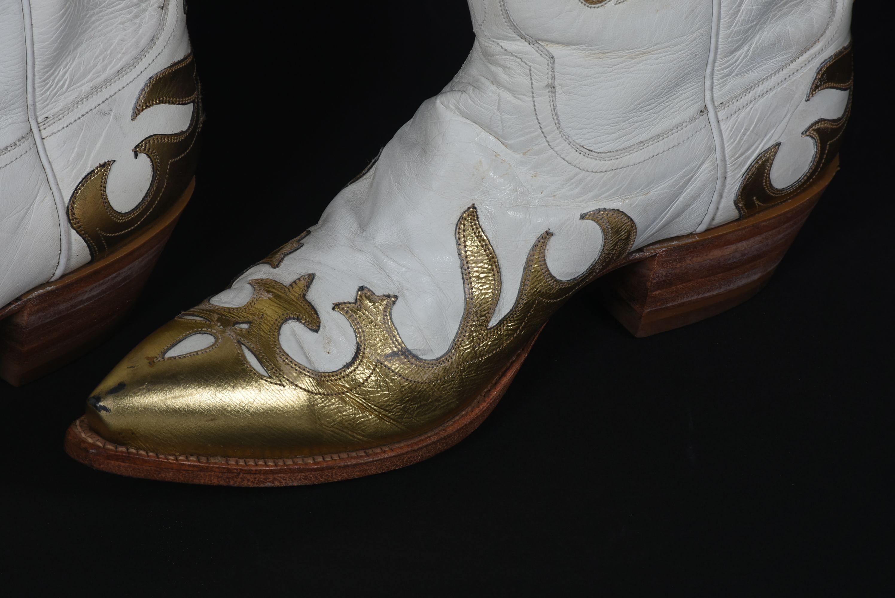 Ammons of El Paso, Texas White and Gold Leather Custom Handmade Mid-Cut Cowgirl Boots with Tanya's Logo