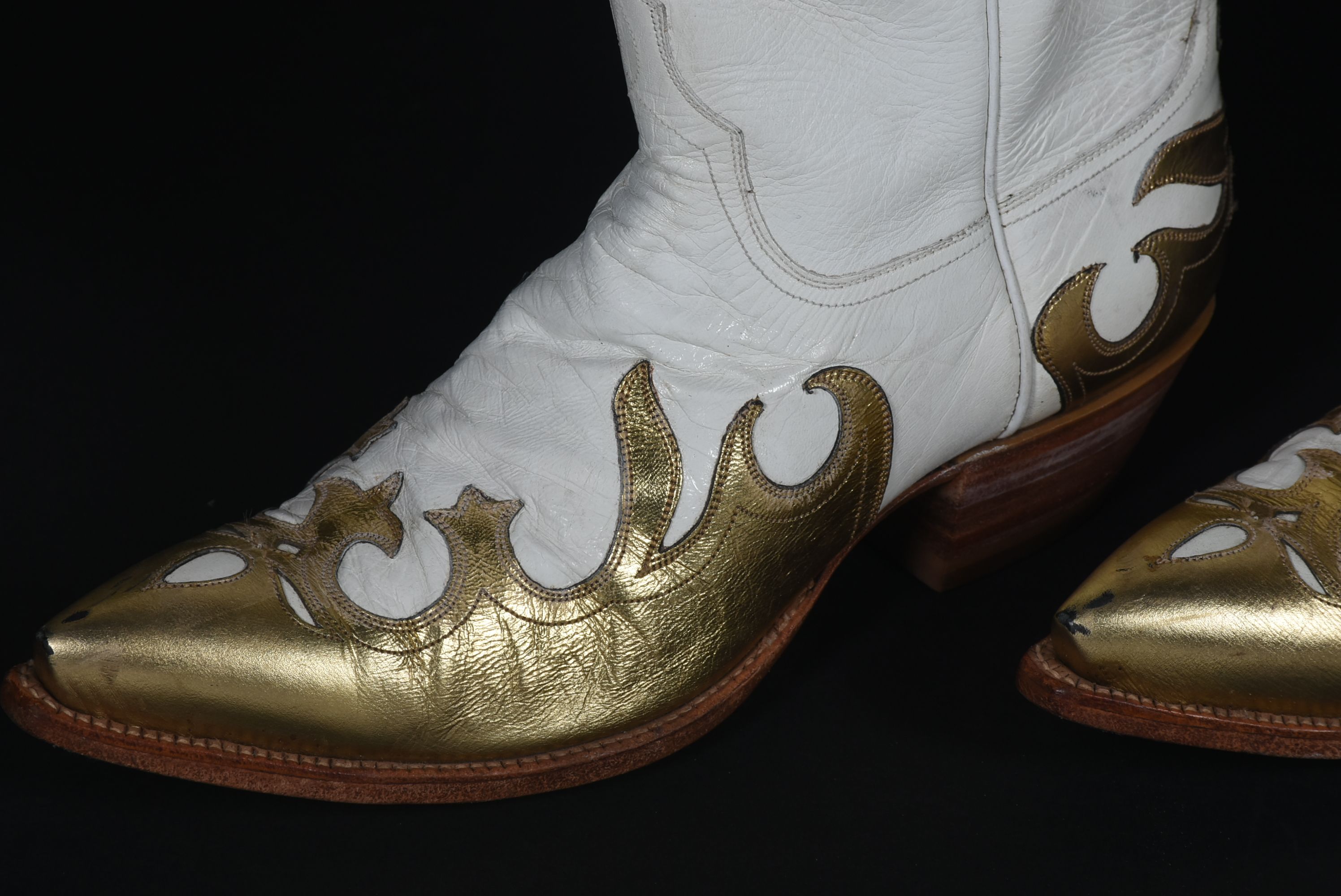 Ammons of El Paso, Texas White and Gold Leather Custom Handmade Mid-Cut Cowgirl Boots with Tanya's Logo