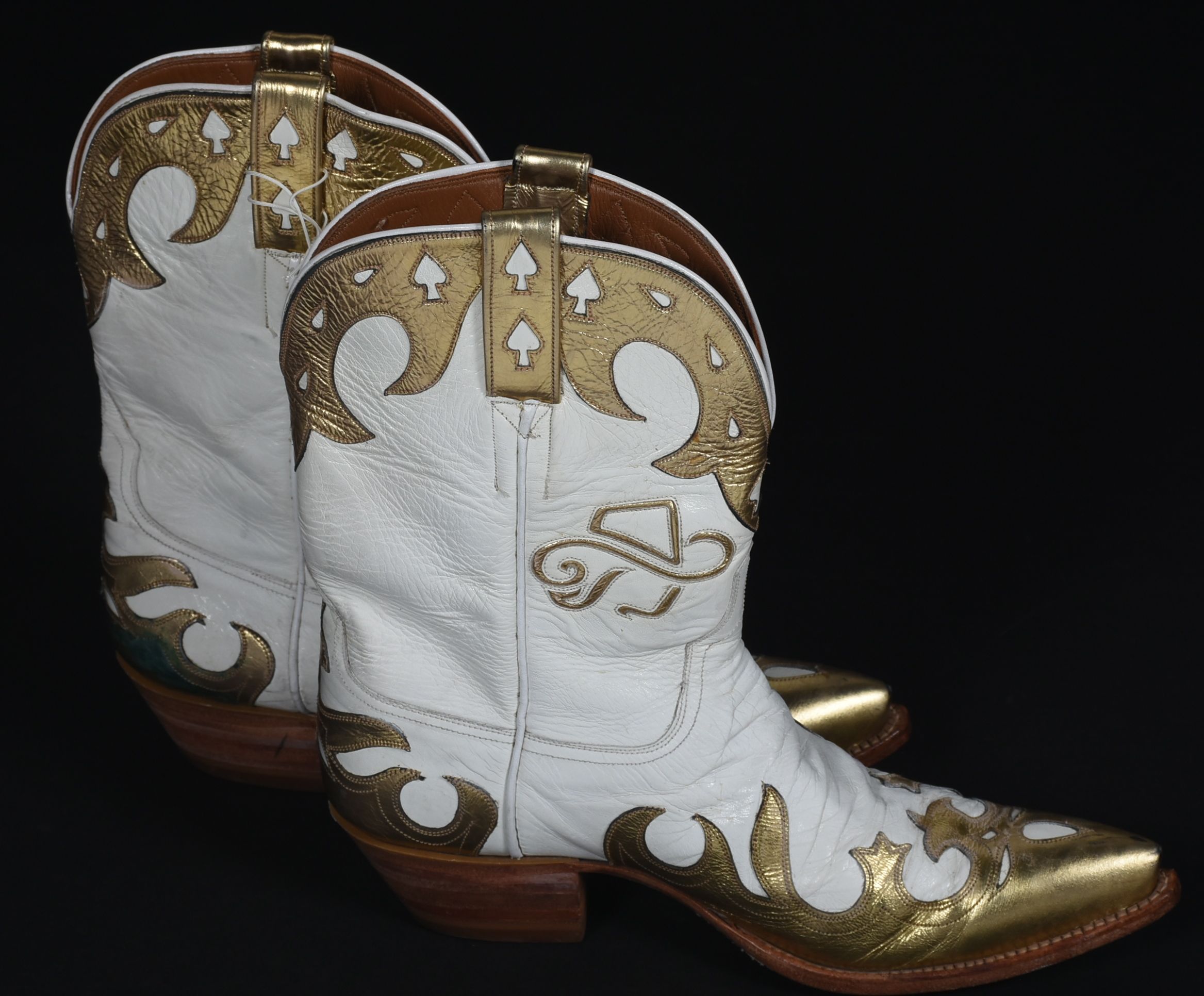 Ammons of El Paso, Texas White and Gold Leather Custom Handmade Mid-Cut Cowgirl Boots with Tanya's Logo