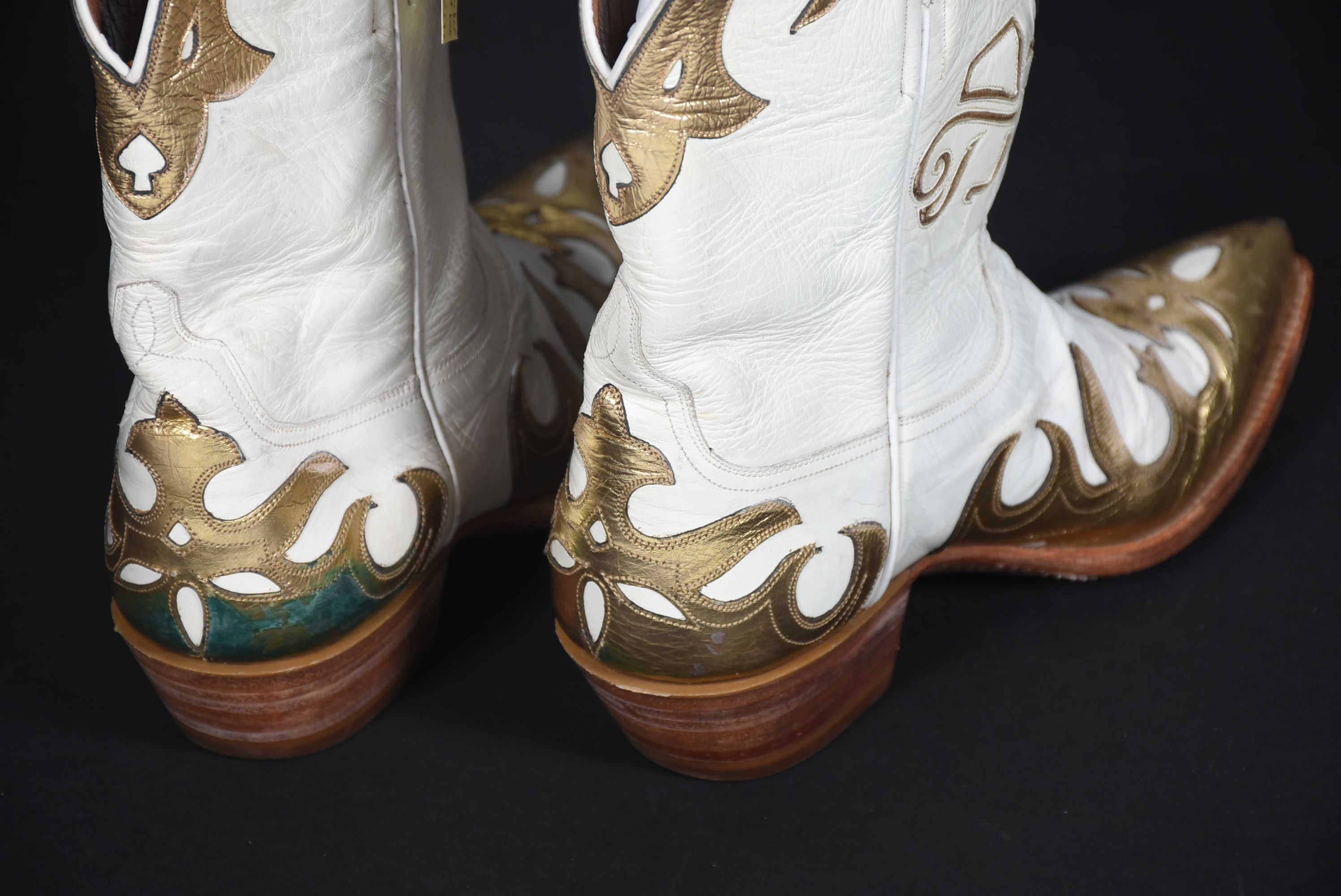 Ammons of El Paso, Texas White and Gold Leather Custom Handmade Mid-Cut Cowgirl Boots with Tanya's Logo