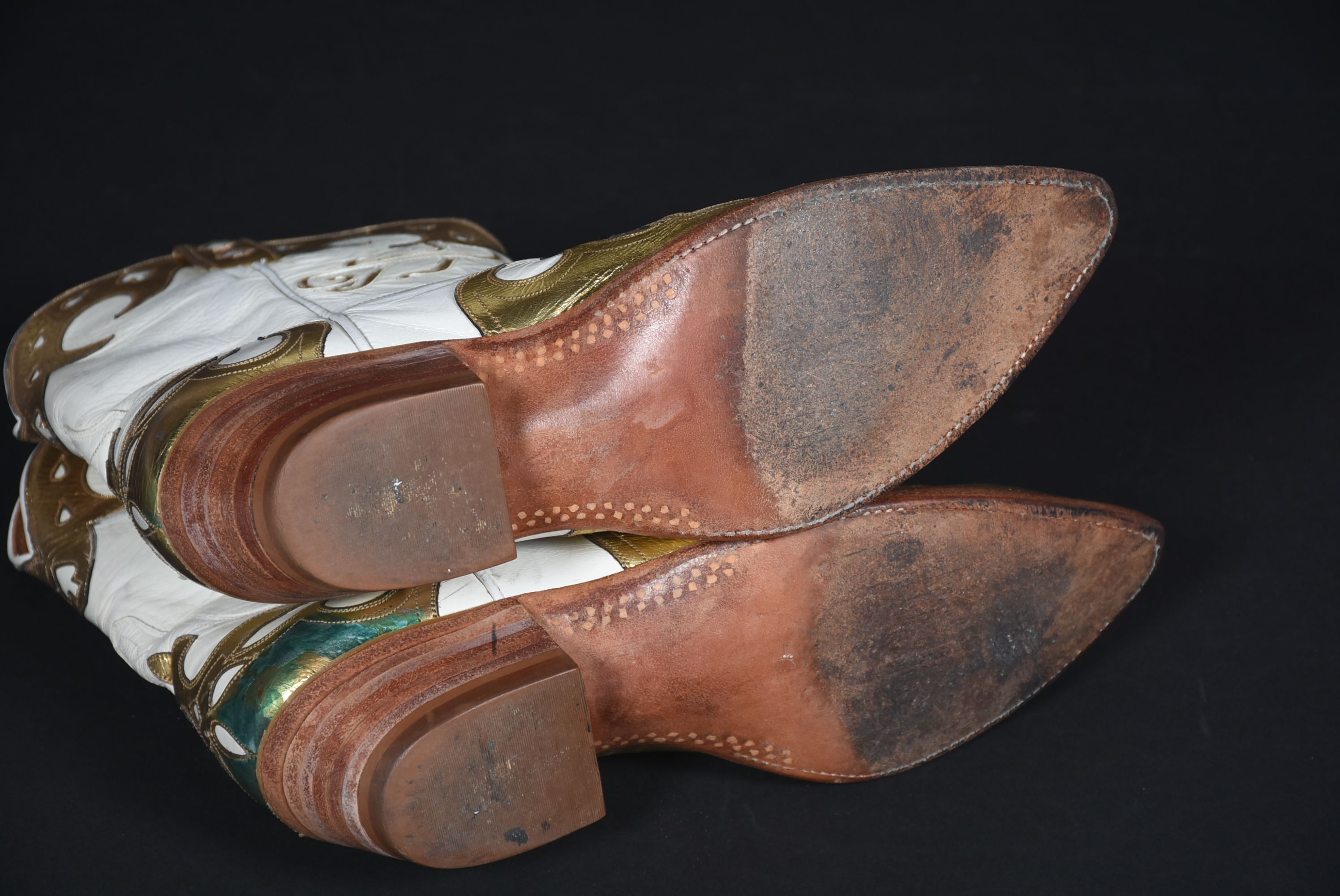 Ammons of El Paso, Texas White and Gold Leather Custom Handmade Mid-Cut Cowgirl Boots with Tanya's Logo