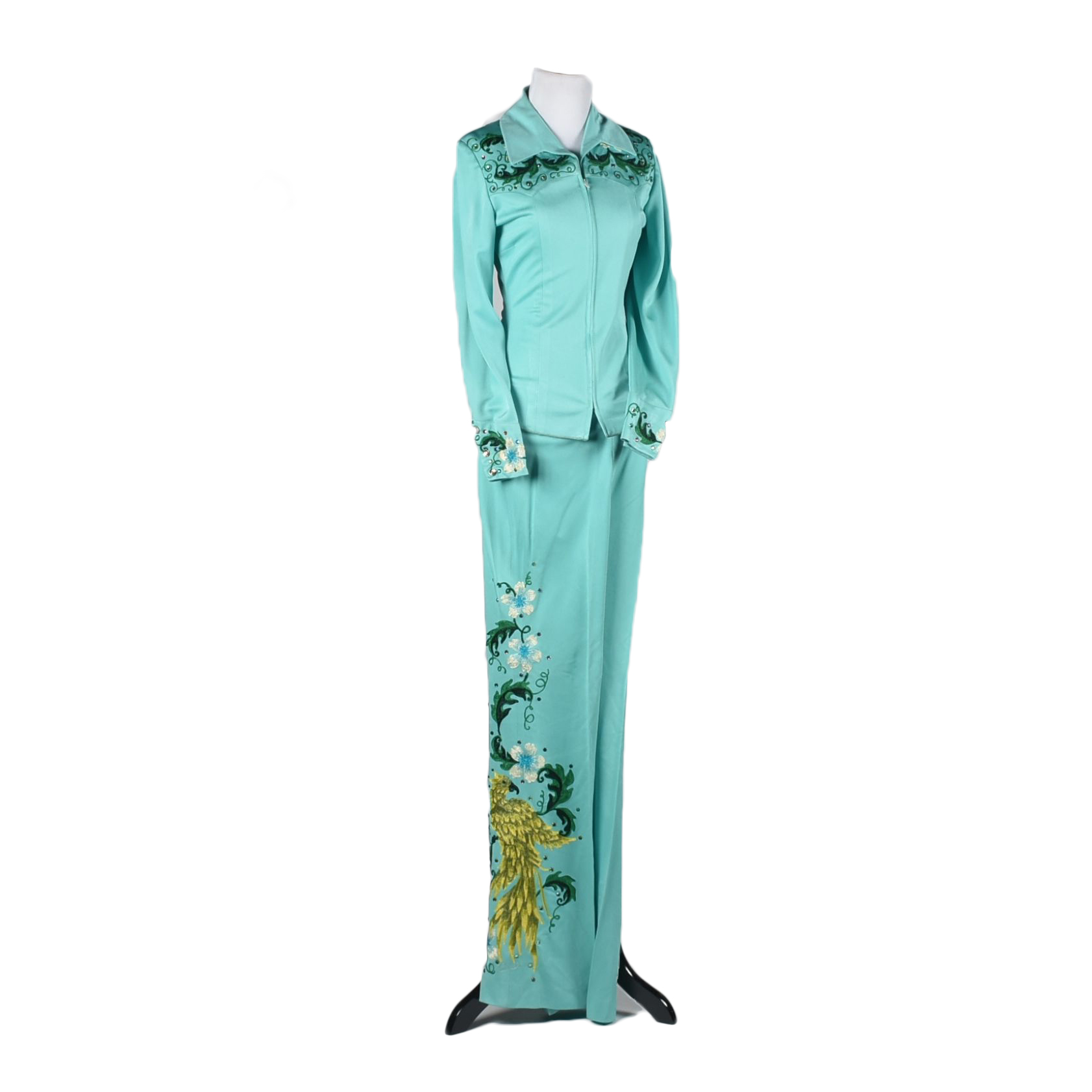 Vintage Custom Made Clara's Western Dress Stage Ensemble in Aqua with Embroidery and Rhinestones