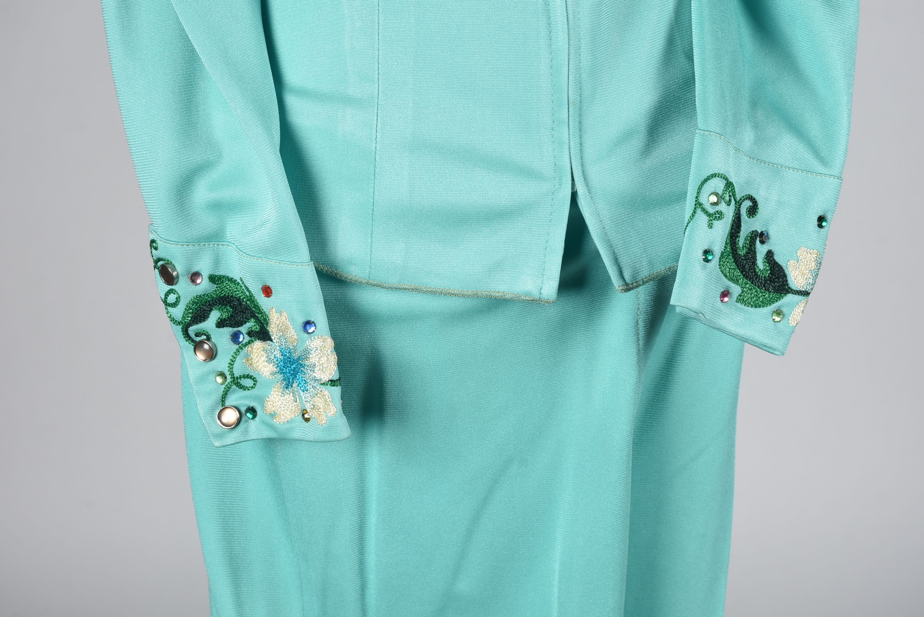 Vintage Custom Made Clara's Western Dress Stage Ensemble in Aqua with Embroidery and Rhinestones