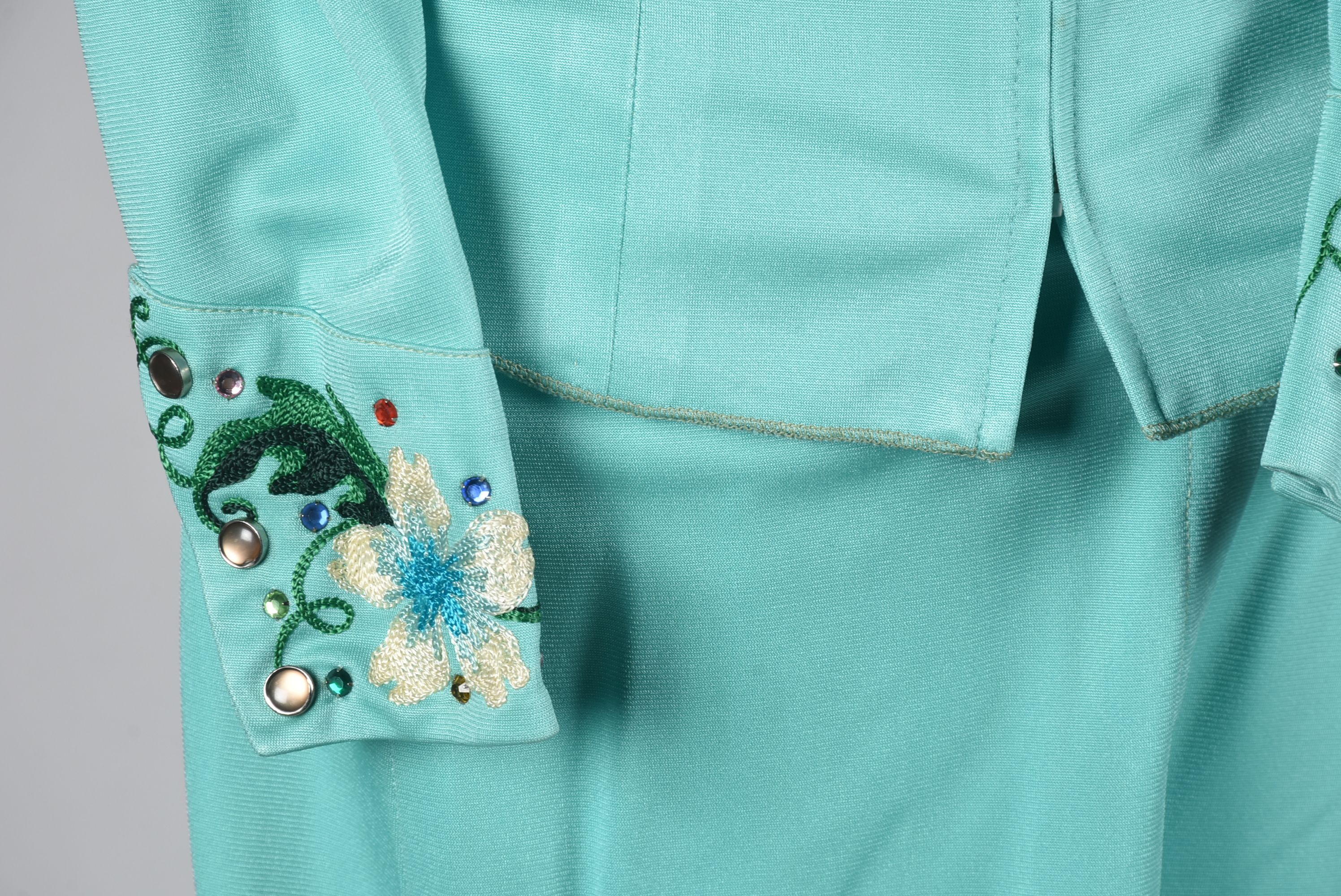 Vintage Custom Made Clara's Western Dress Stage Ensemble in Aqua with Embroidery and Rhinestones