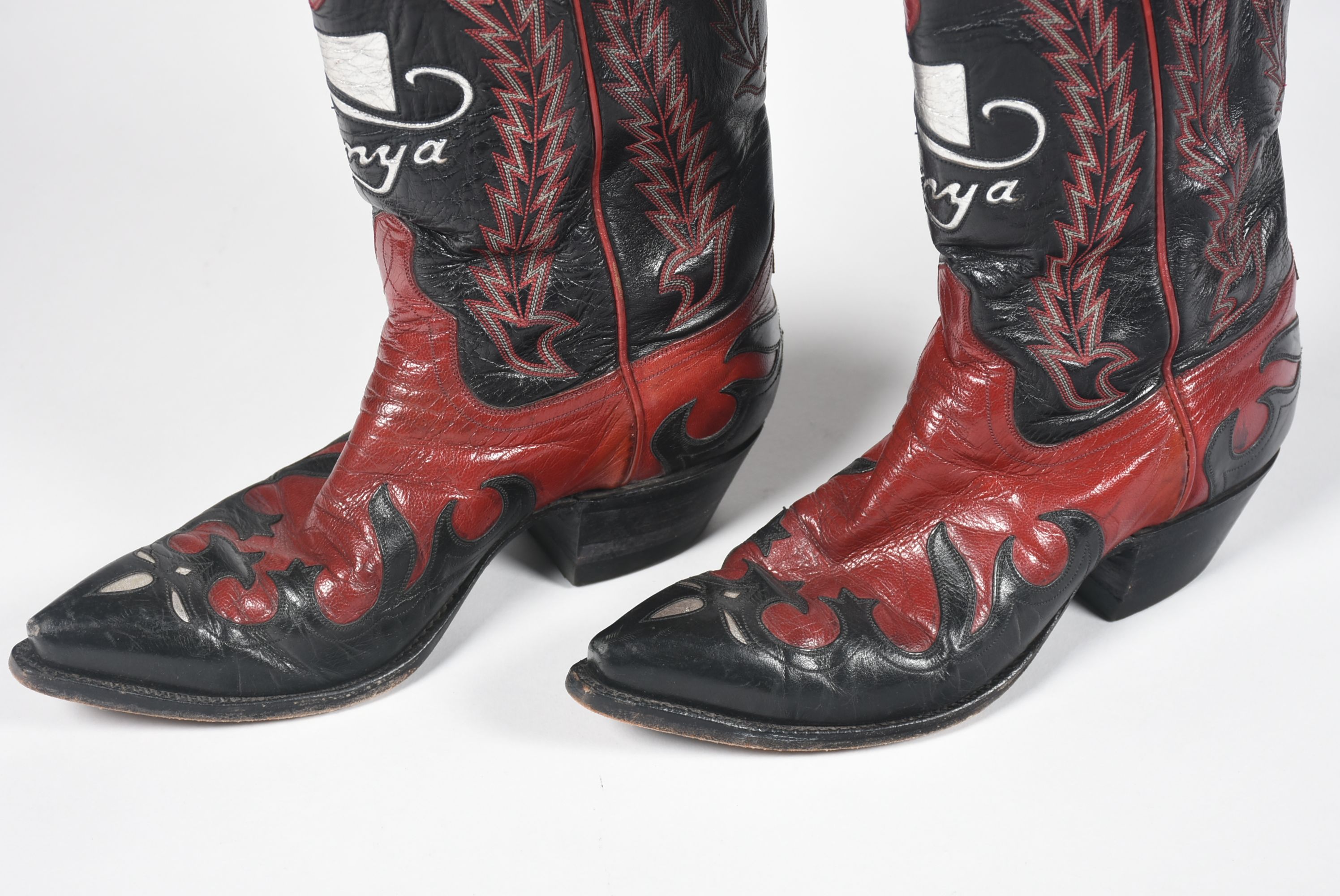 Ammons of El Paso, Texas Red and Black Leather Custom Handmade Cowgirl Boots with Tanya Tucker Logo