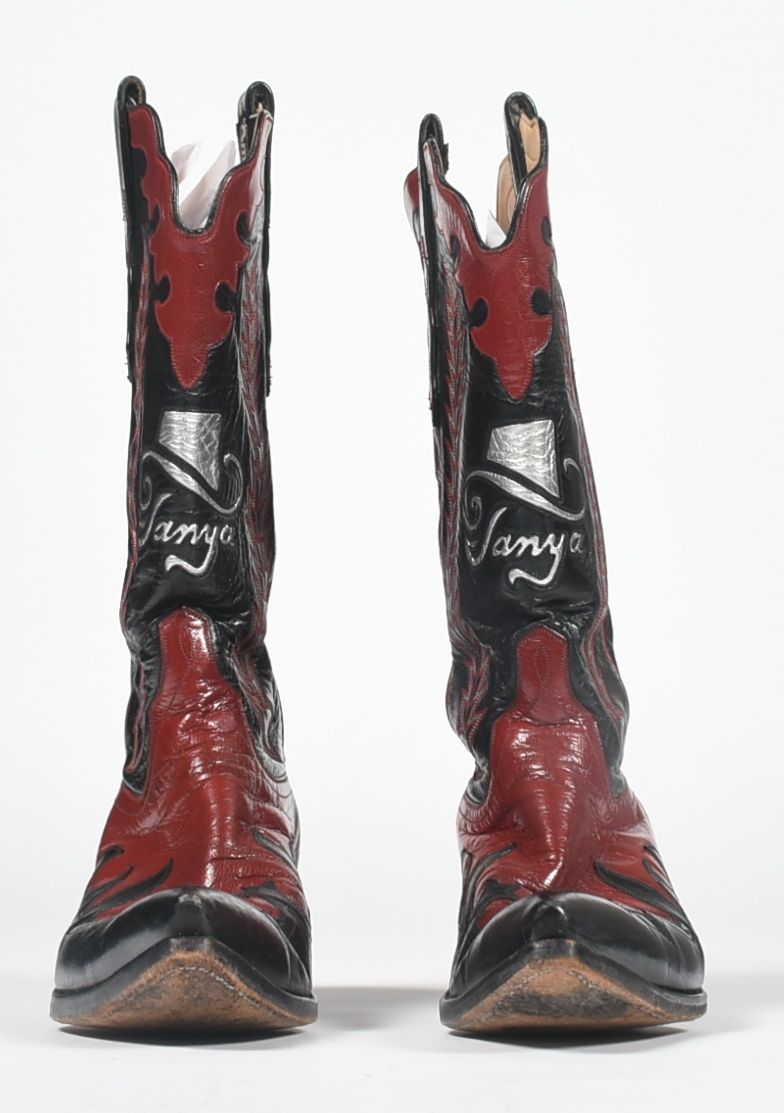 Ammons of El Paso, Texas Red and Black Leather Custom Handmade Cowgirl Boots with Tanya Tucker Logo