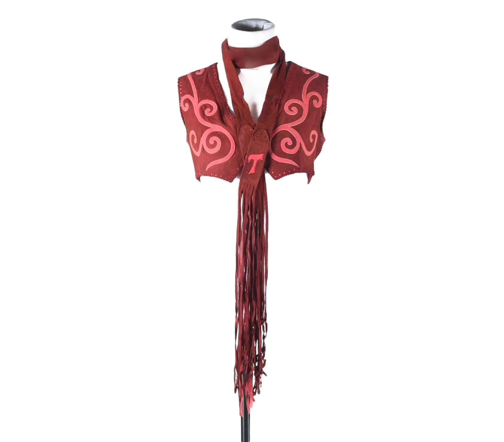 70s Vintage Suede Leather Vest Designed in Scrolls with "T" Cut Out and Fringed Tie Belt