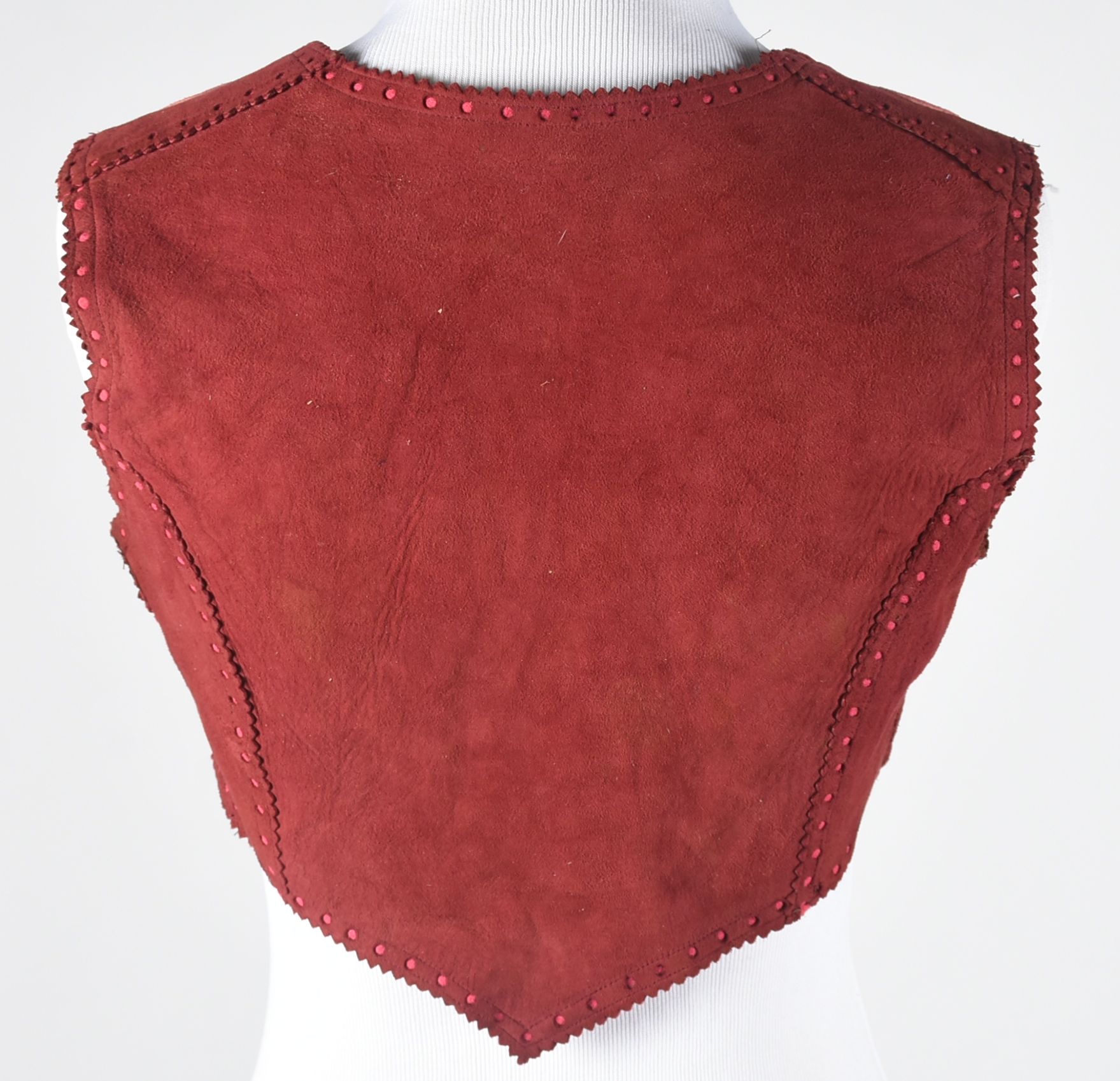 70s Vintage Suede Leather Vest Designed in Scrolls with "T" Cut Out and Fringed Tie Belt