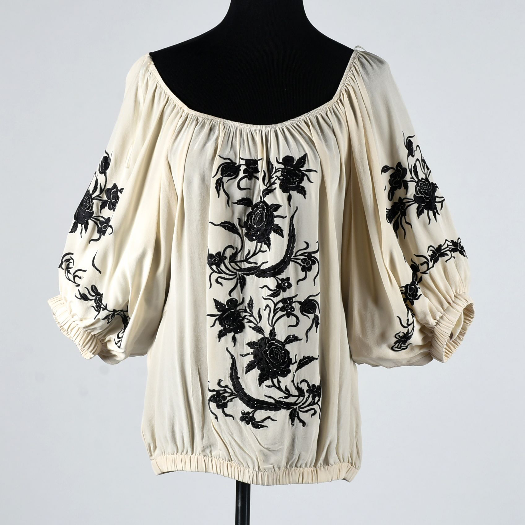 Beige Silk Blouse with Black Floral Embroidery and Crystal Rhinestones