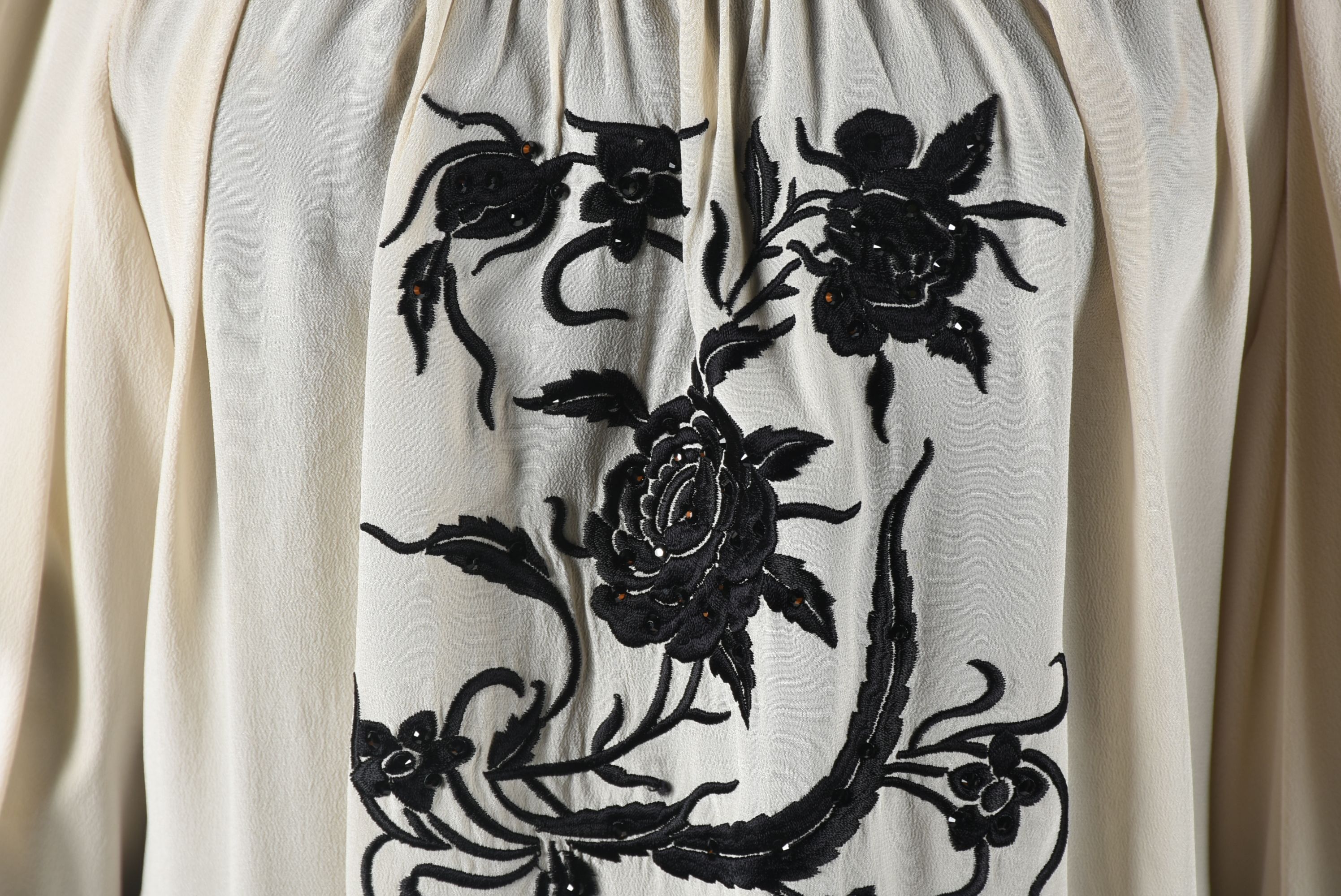 Beige Silk Blouse with Black Floral Embroidery and Crystal Rhinestones