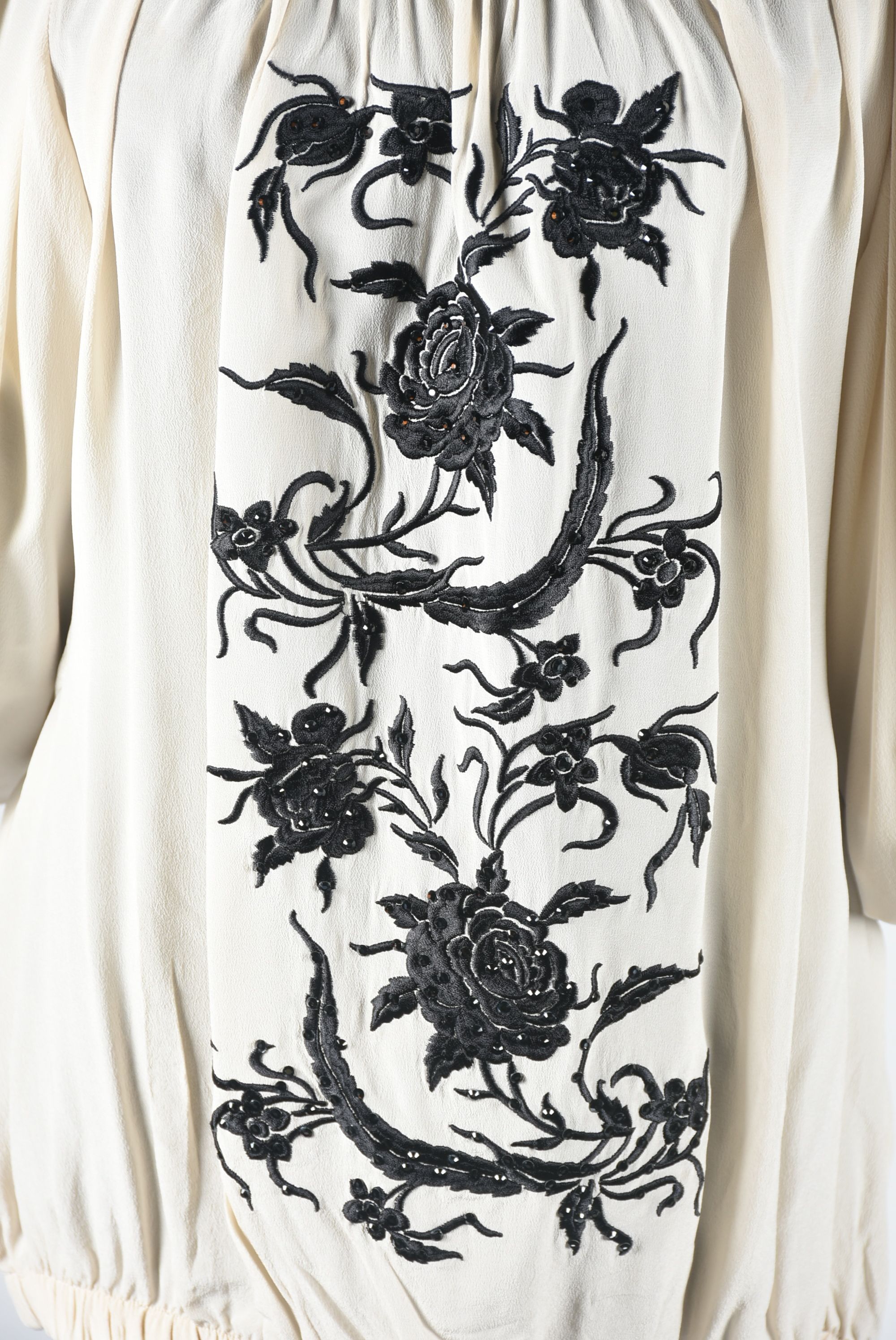 Beige Silk Blouse with Black Floral Embroidery and Crystal Rhinestones
