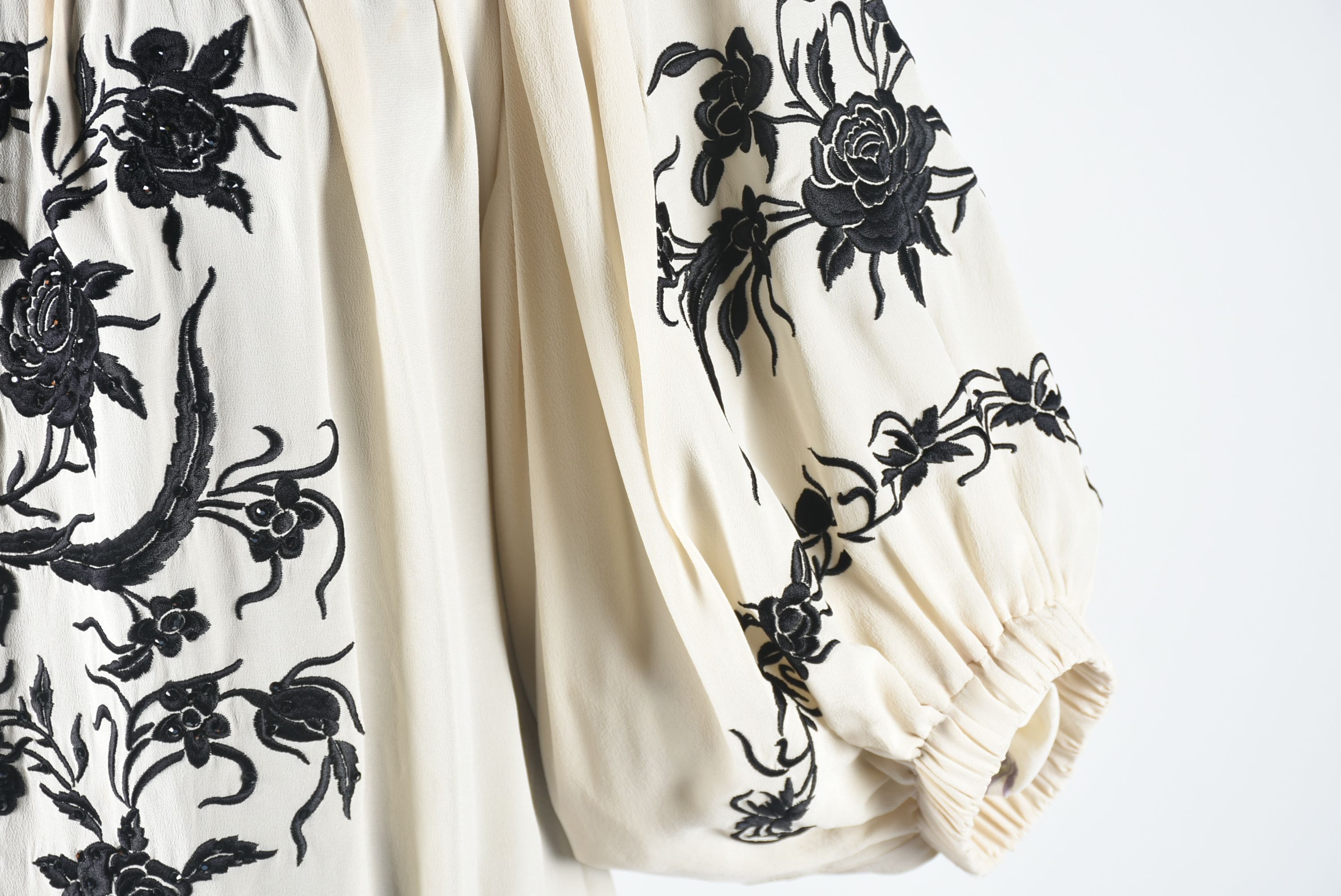 Beige Silk Blouse with Black Floral Embroidery and Crystal Rhinestones