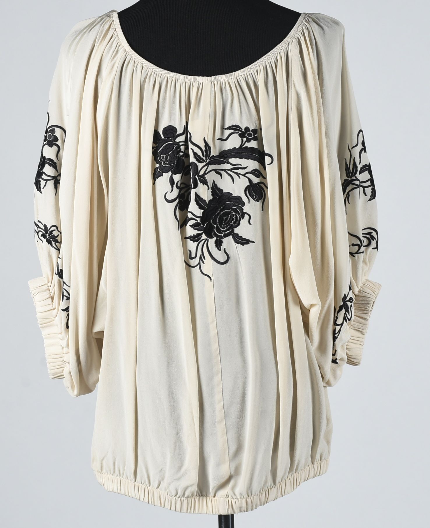 Beige Silk Blouse with Black Floral Embroidery and Crystal Rhinestones