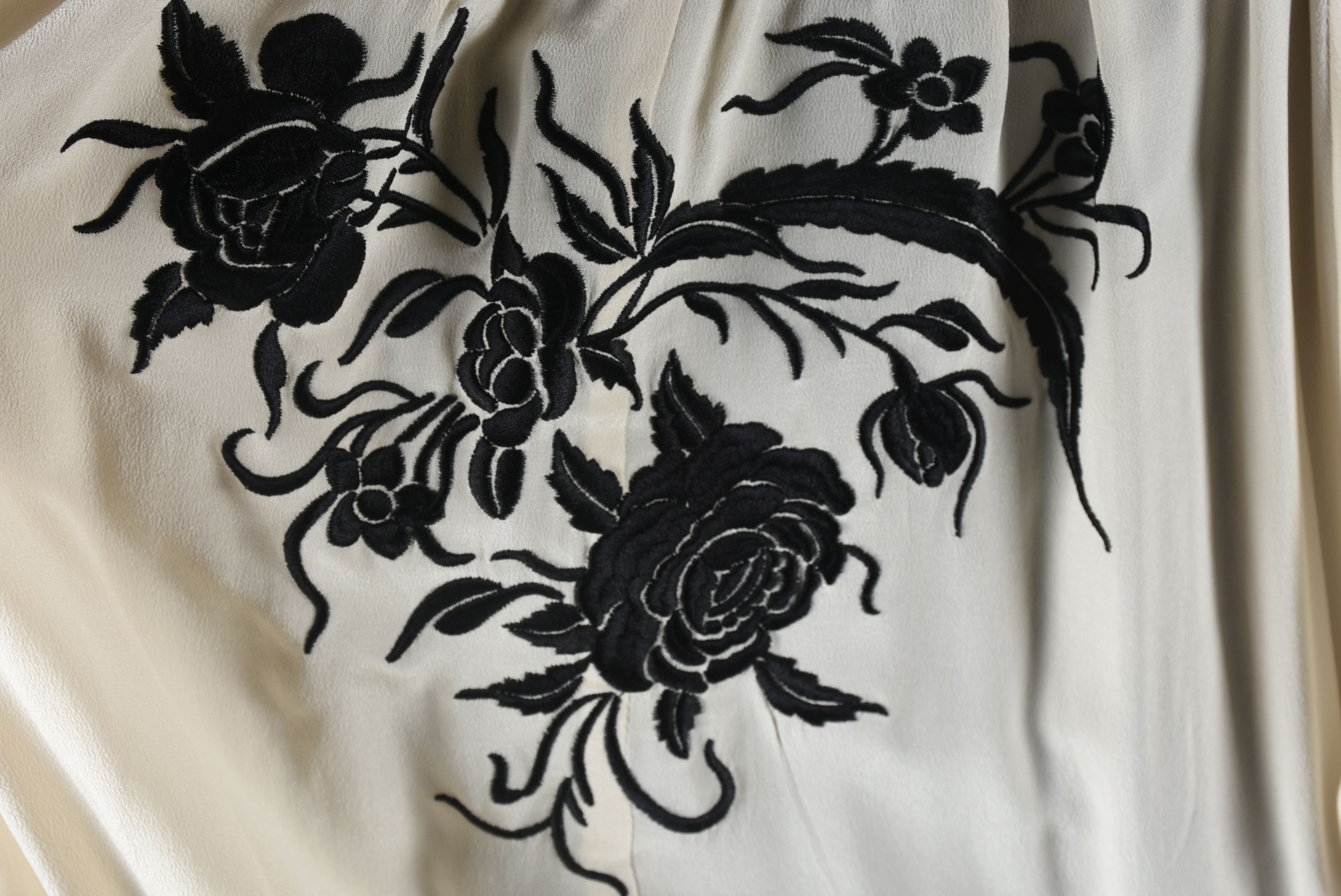 Beige Silk Blouse with Black Floral Embroidery and Crystal Rhinestones