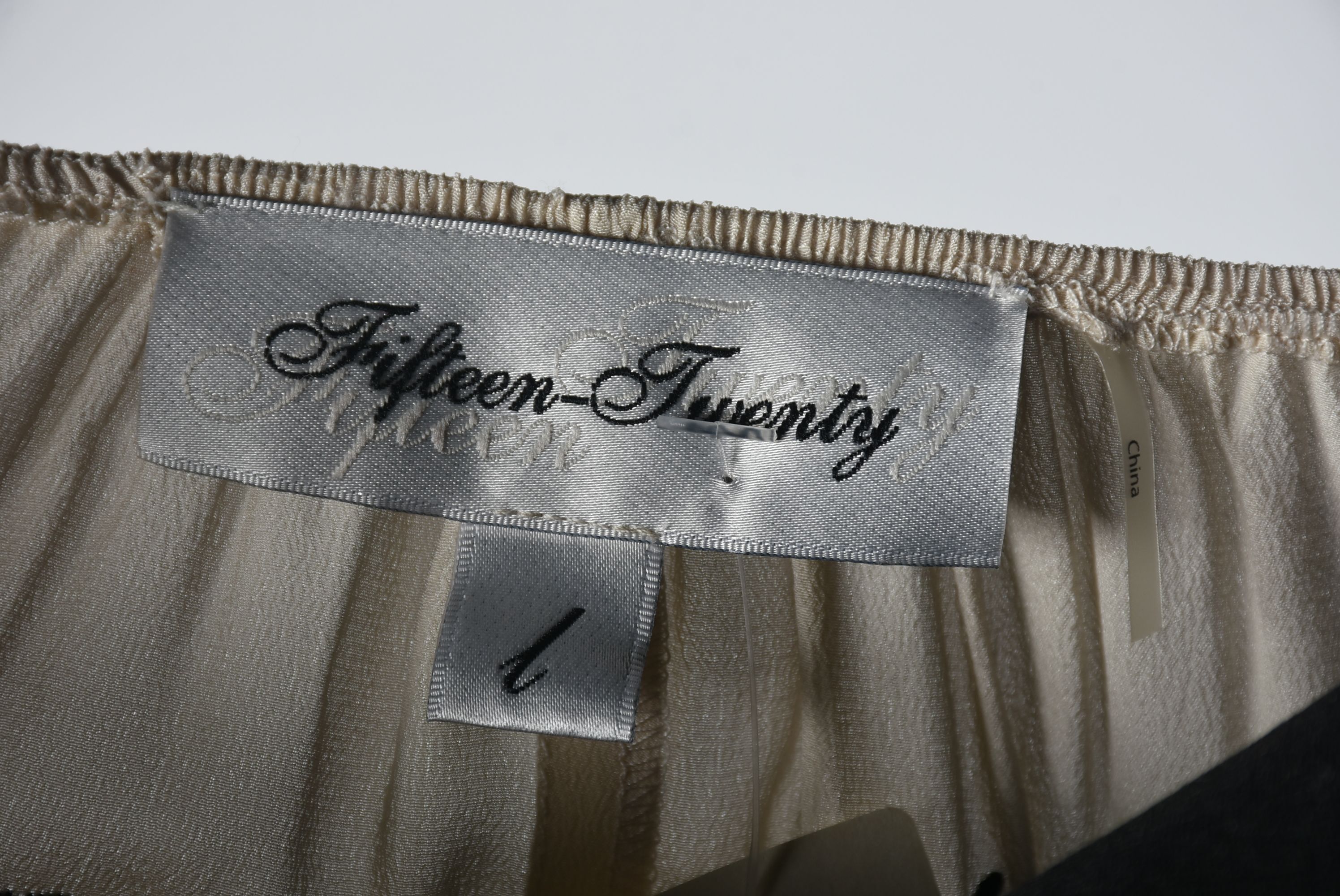 Beige Silk Blouse with Black Floral Embroidery and Crystal Rhinestones