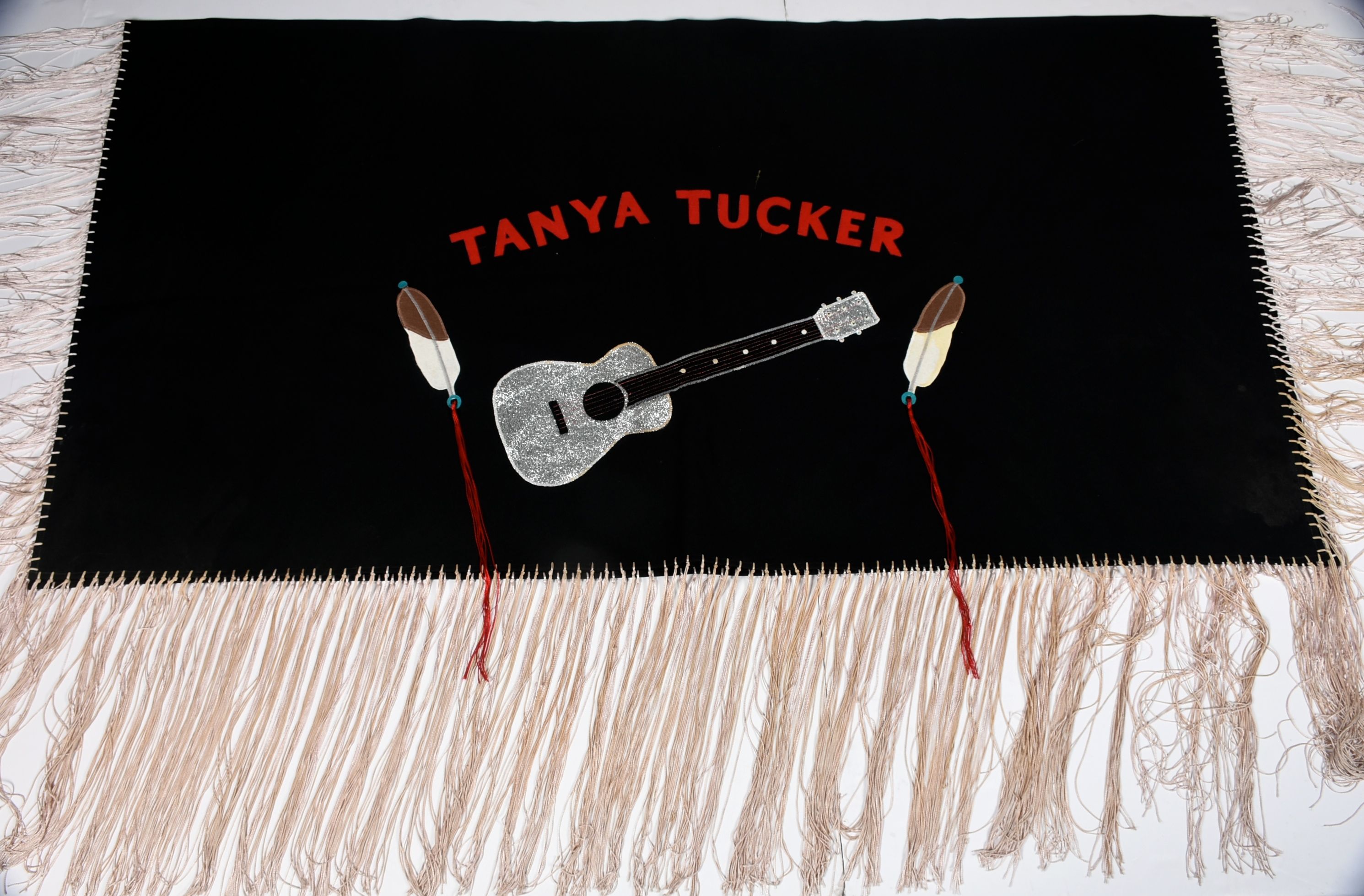 Handmade "Tanya Tucker" Black Wool Shawl with Appliques and Fringe