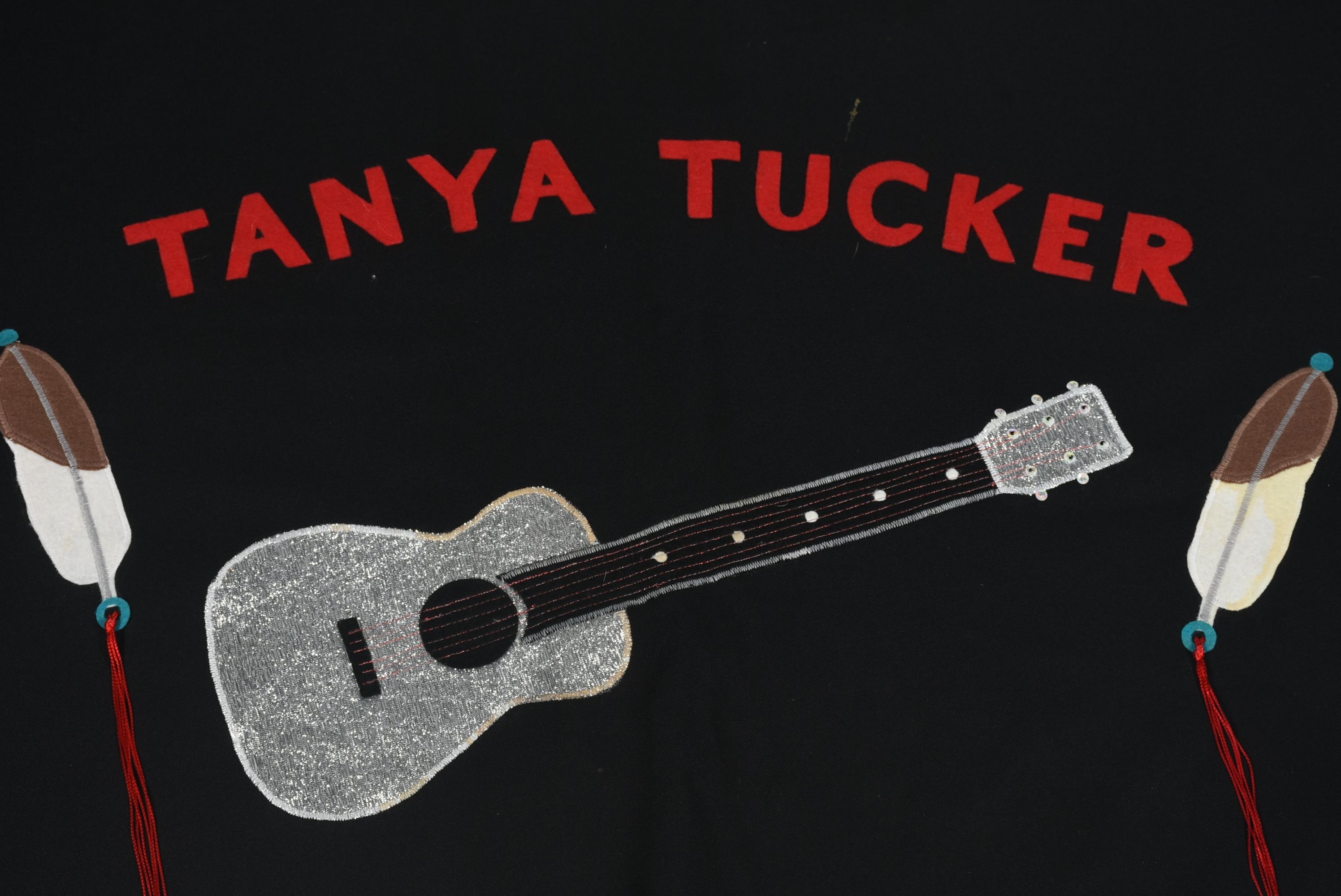 Handmade "Tanya Tucker" Black Wool Shawl with Appliques and Fringe