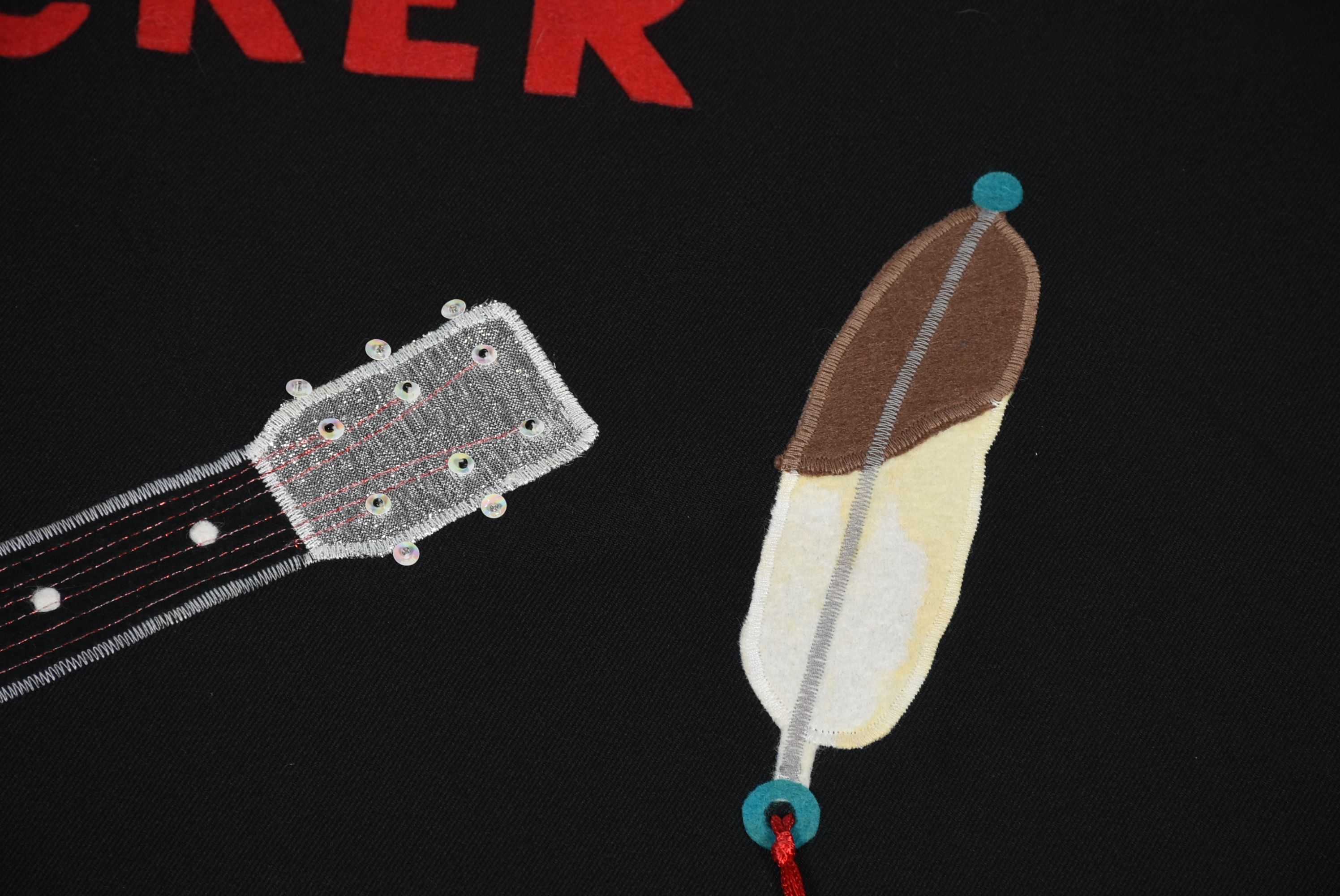 Handmade "Tanya Tucker" Black Wool Shawl with Appliques and Fringe