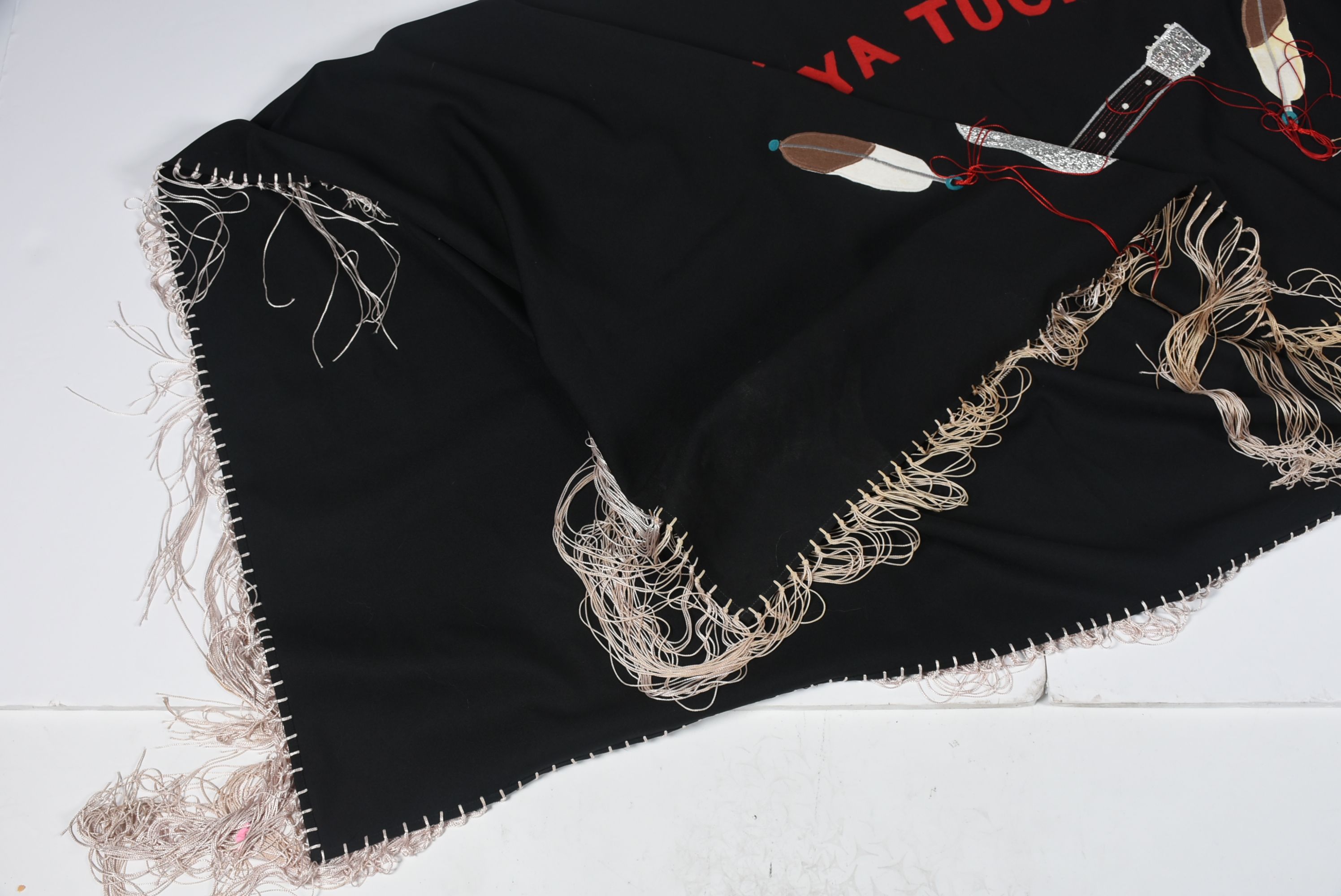 Handmade "Tanya Tucker" Black Wool Shawl with Appliques and Fringe