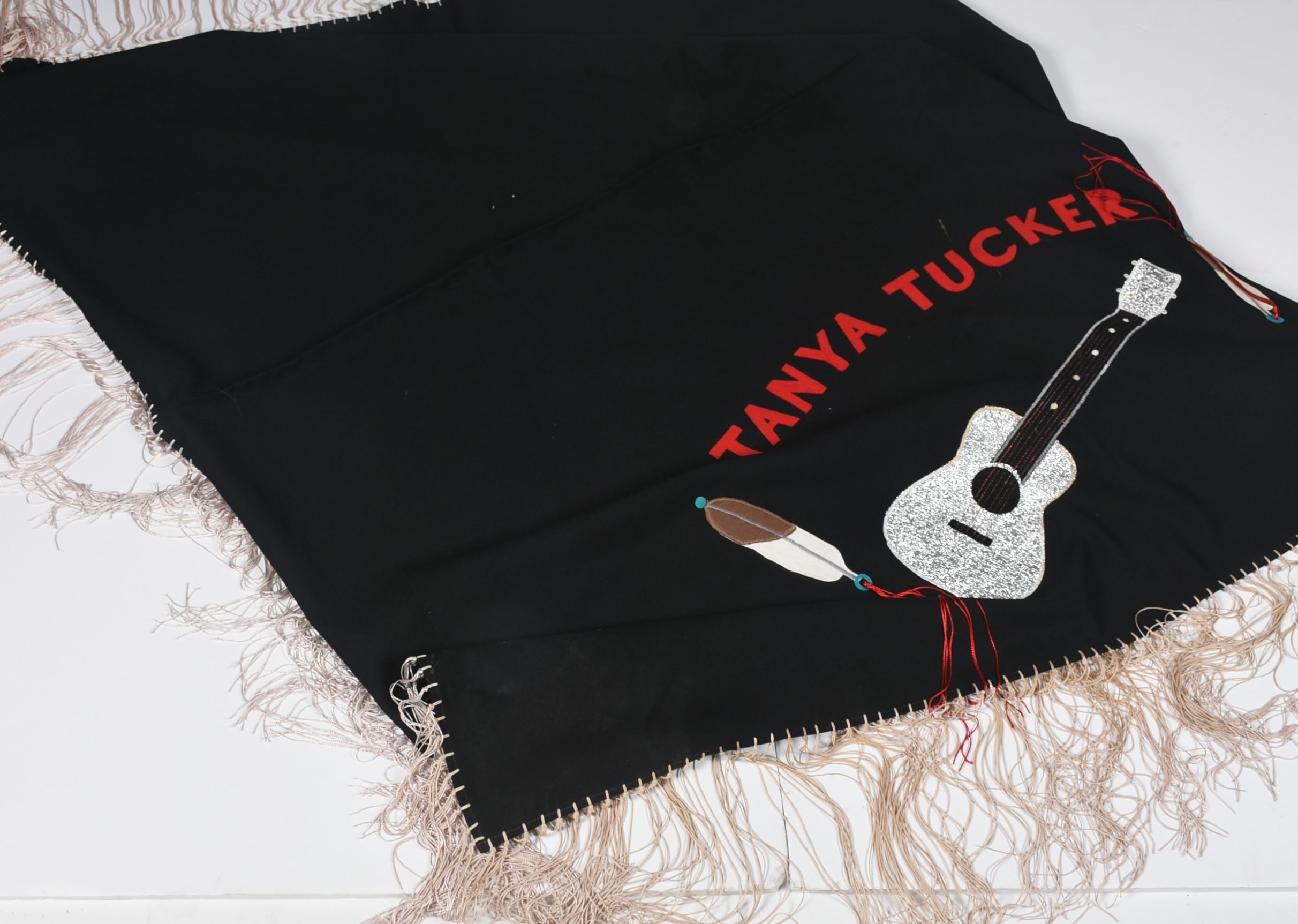 Handmade "Tanya Tucker" Black Wool Shawl with Appliques and Fringe