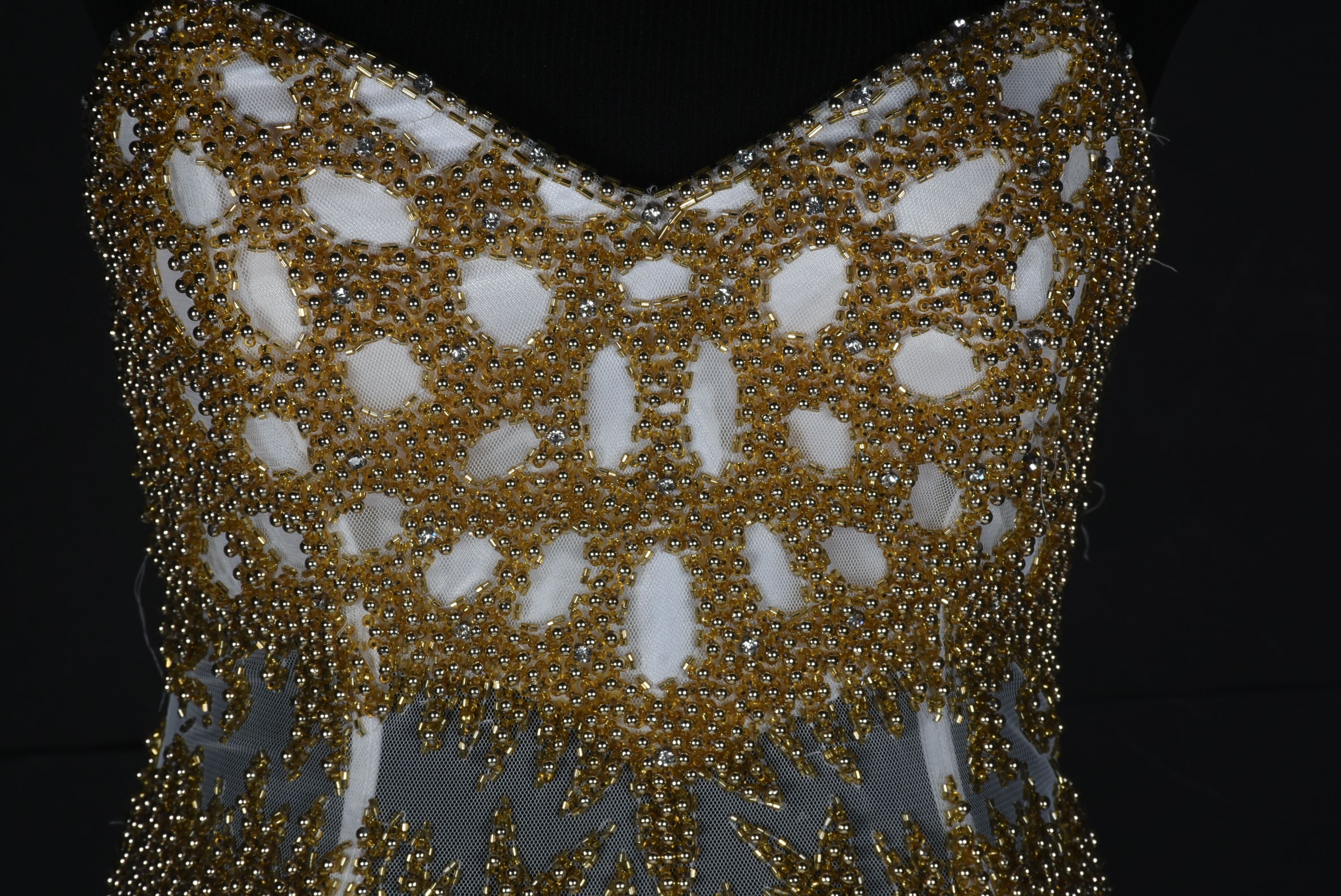 New Cache White Beaded Formal Gown