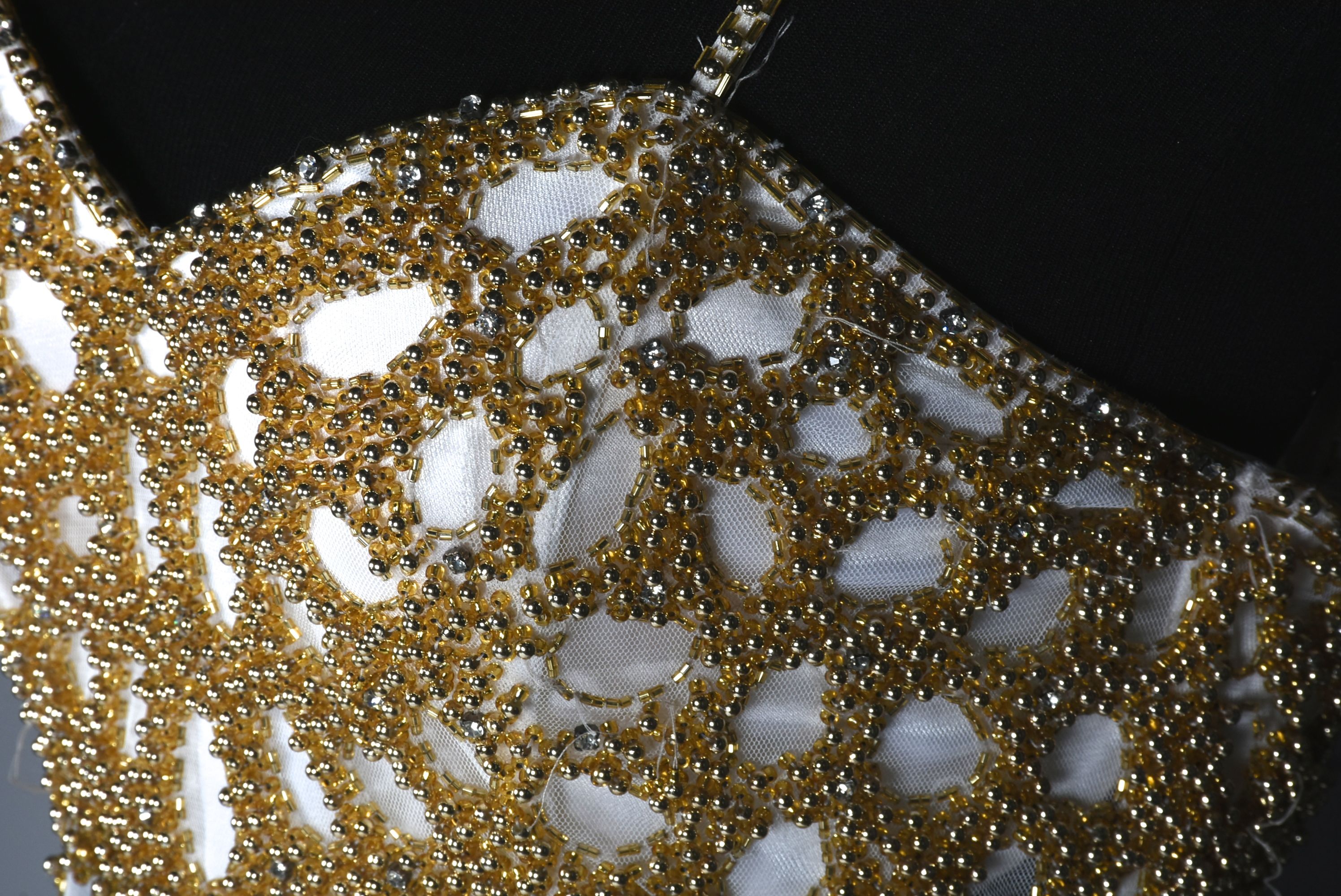 New Cache White Beaded Formal Gown