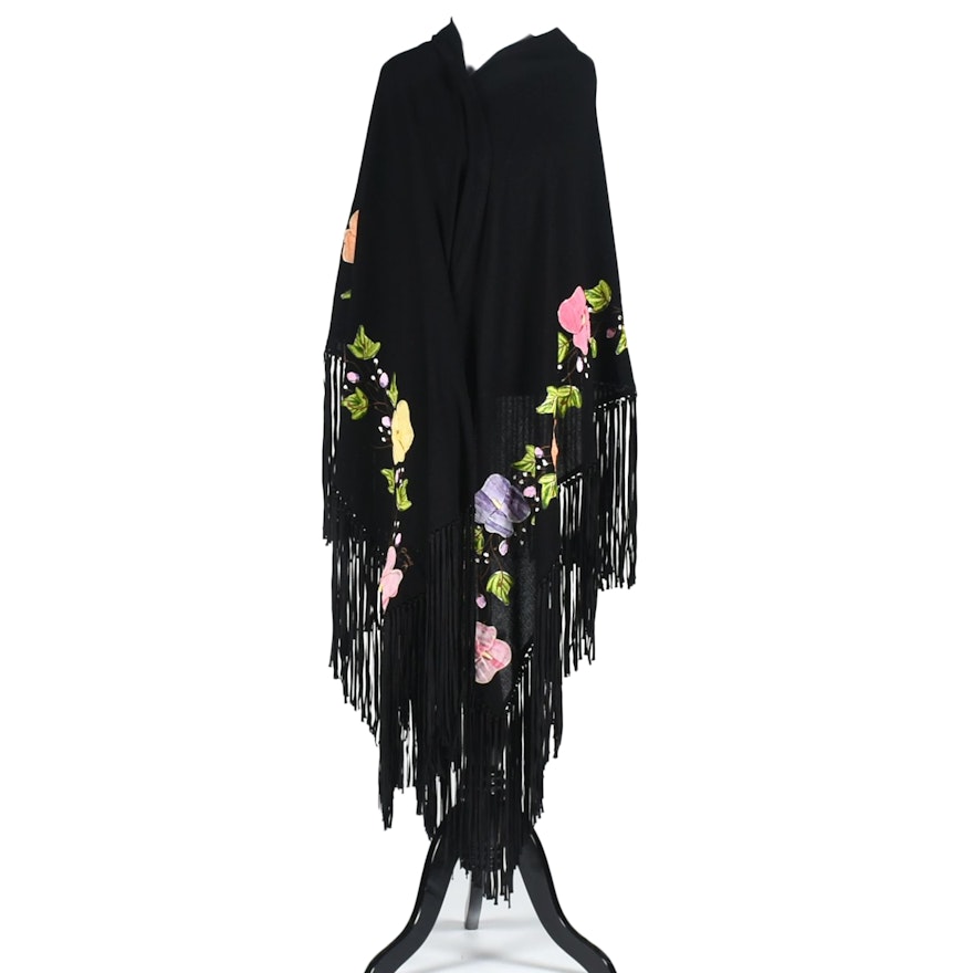 Mexican Hand Decorated Black Cotton Shawl with Fringe, New with Tags