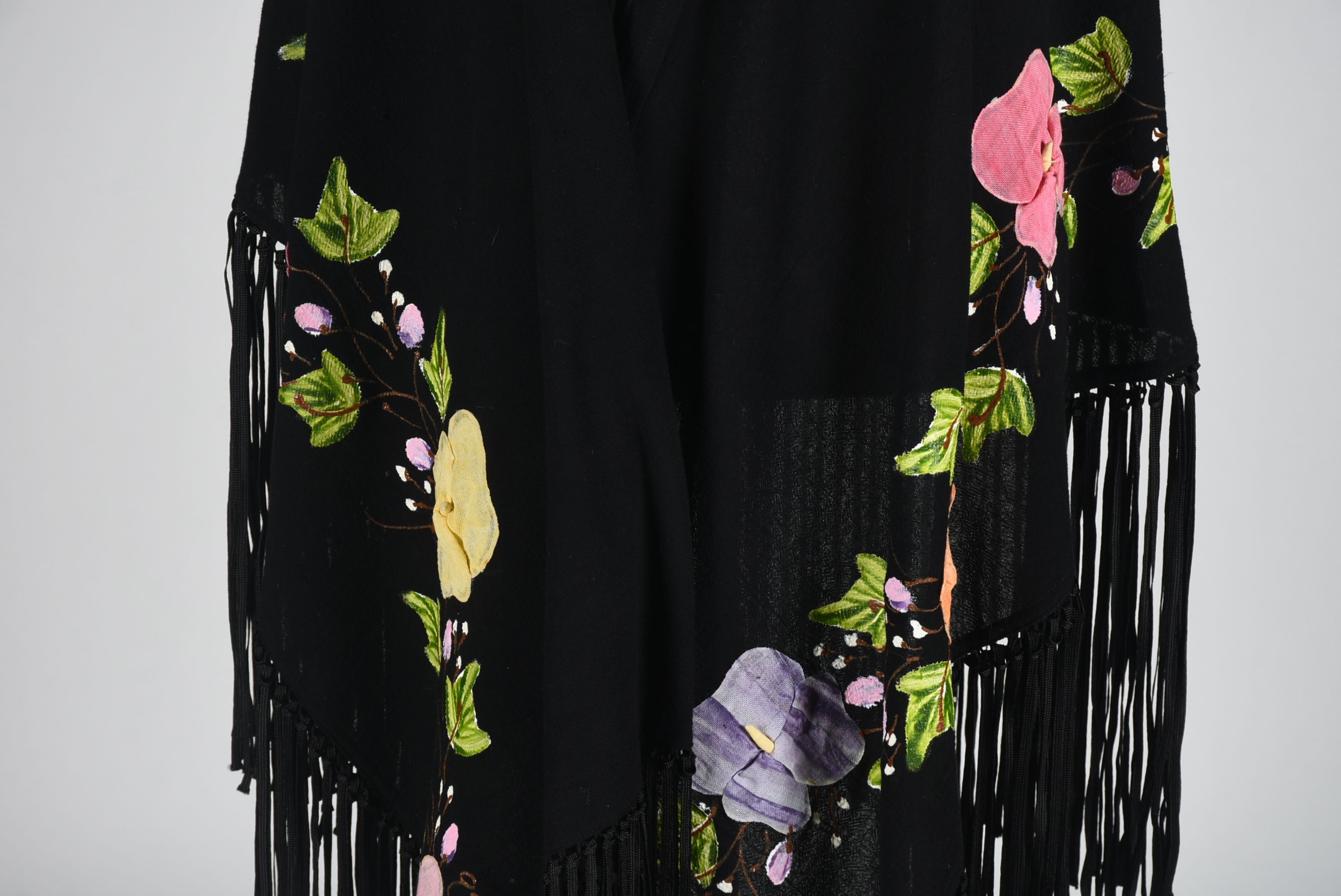 Mexican Hand Decorated Black Cotton Shawl with Fringe, New with Tags