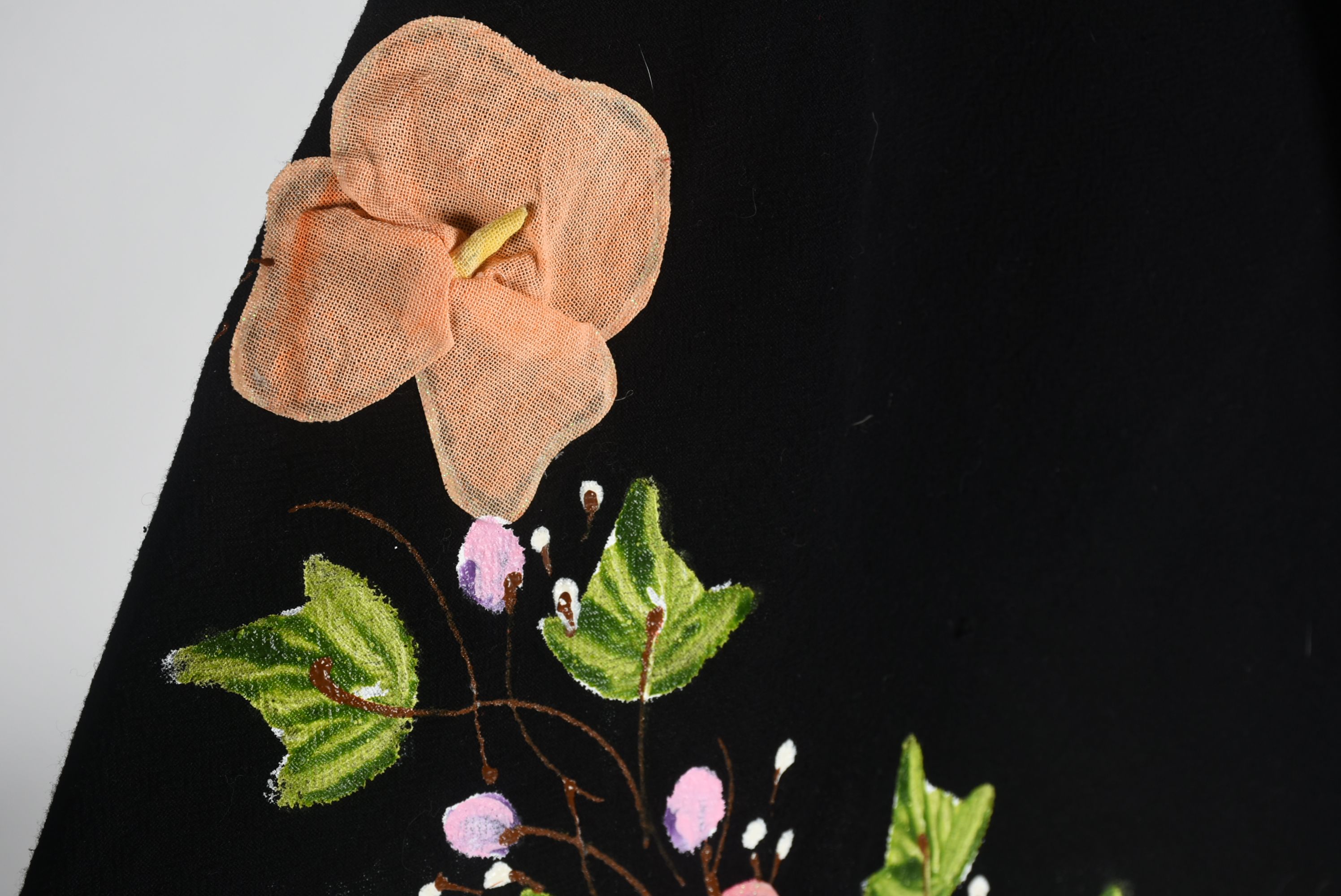 Mexican Hand Decorated Black Cotton Shawl with Fringe, New with Tags