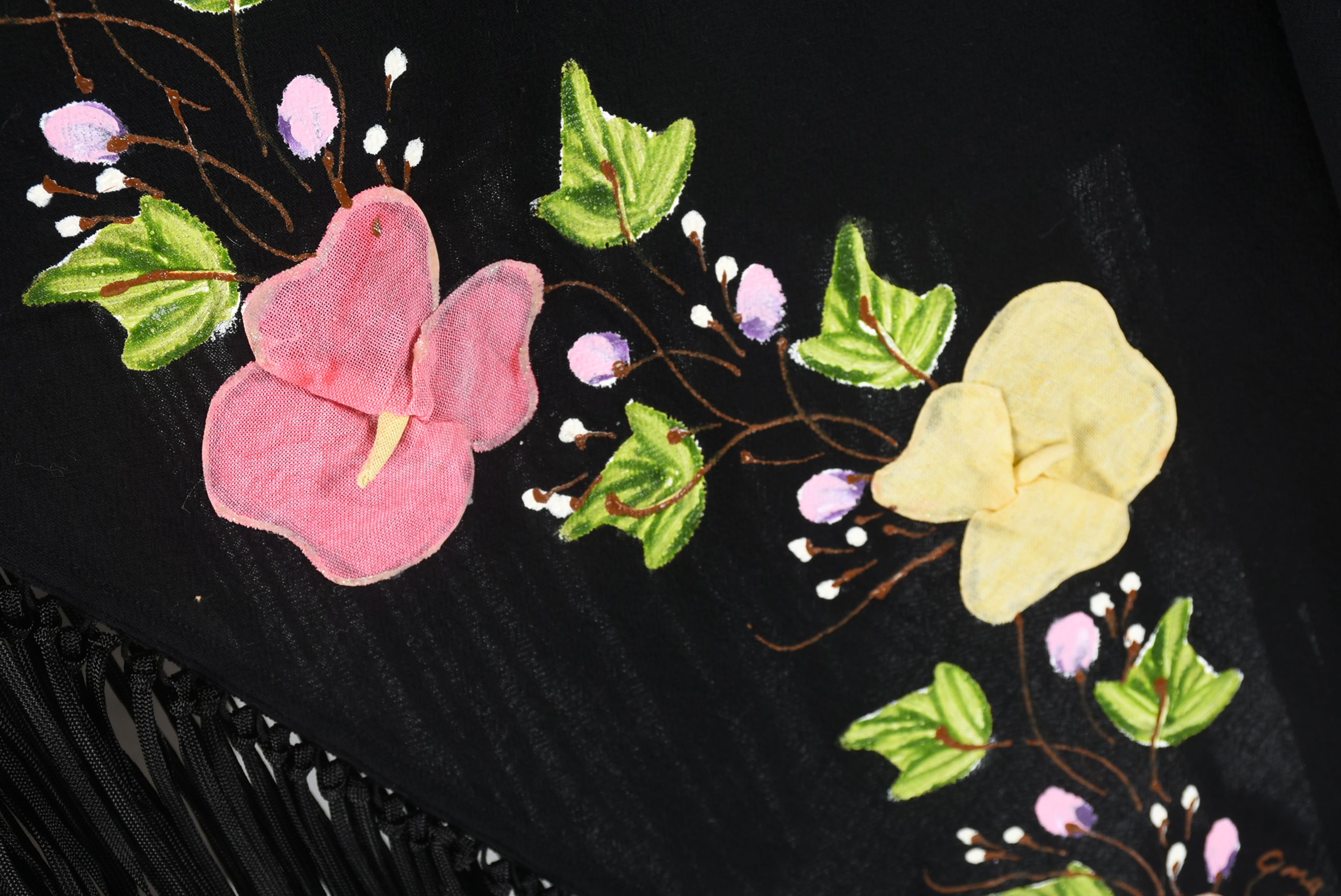 Mexican Hand Decorated Black Cotton Shawl with Fringe, New with Tags