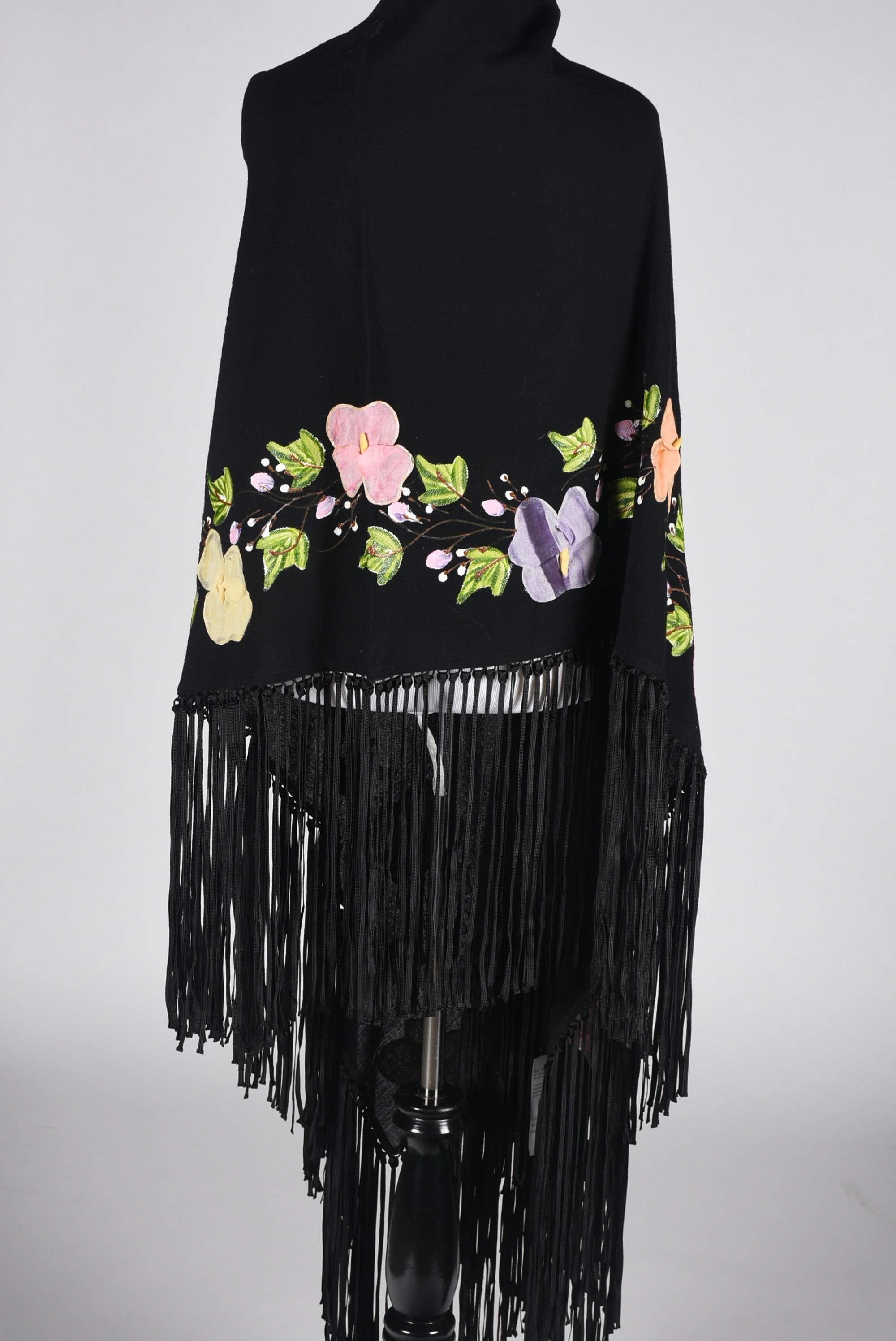 Mexican Hand Decorated Black Cotton Shawl with Fringe, New with Tags