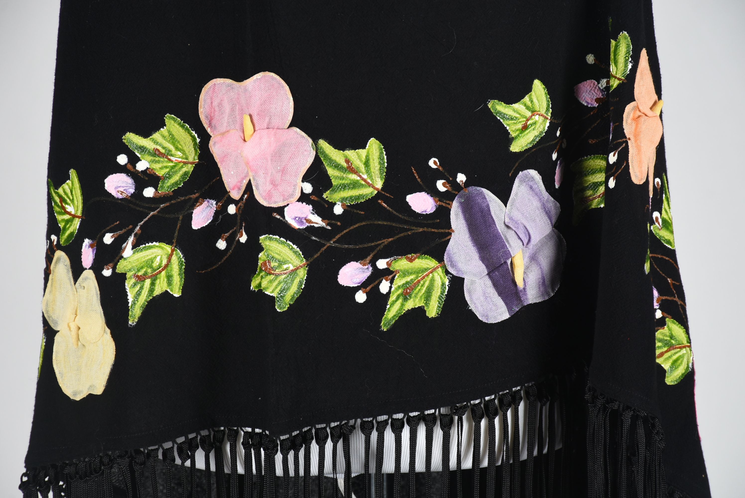 Mexican Hand Decorated Black Cotton Shawl with Fringe, New with Tags