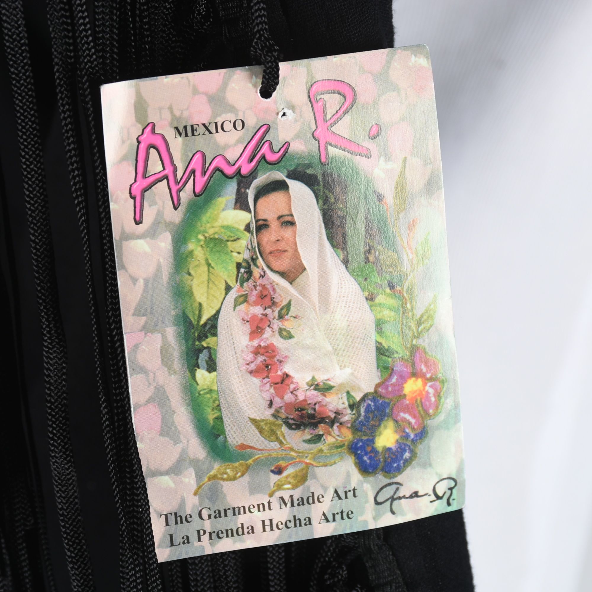 Mexican Hand Decorated Black Cotton Shawl with Fringe, New with Tags