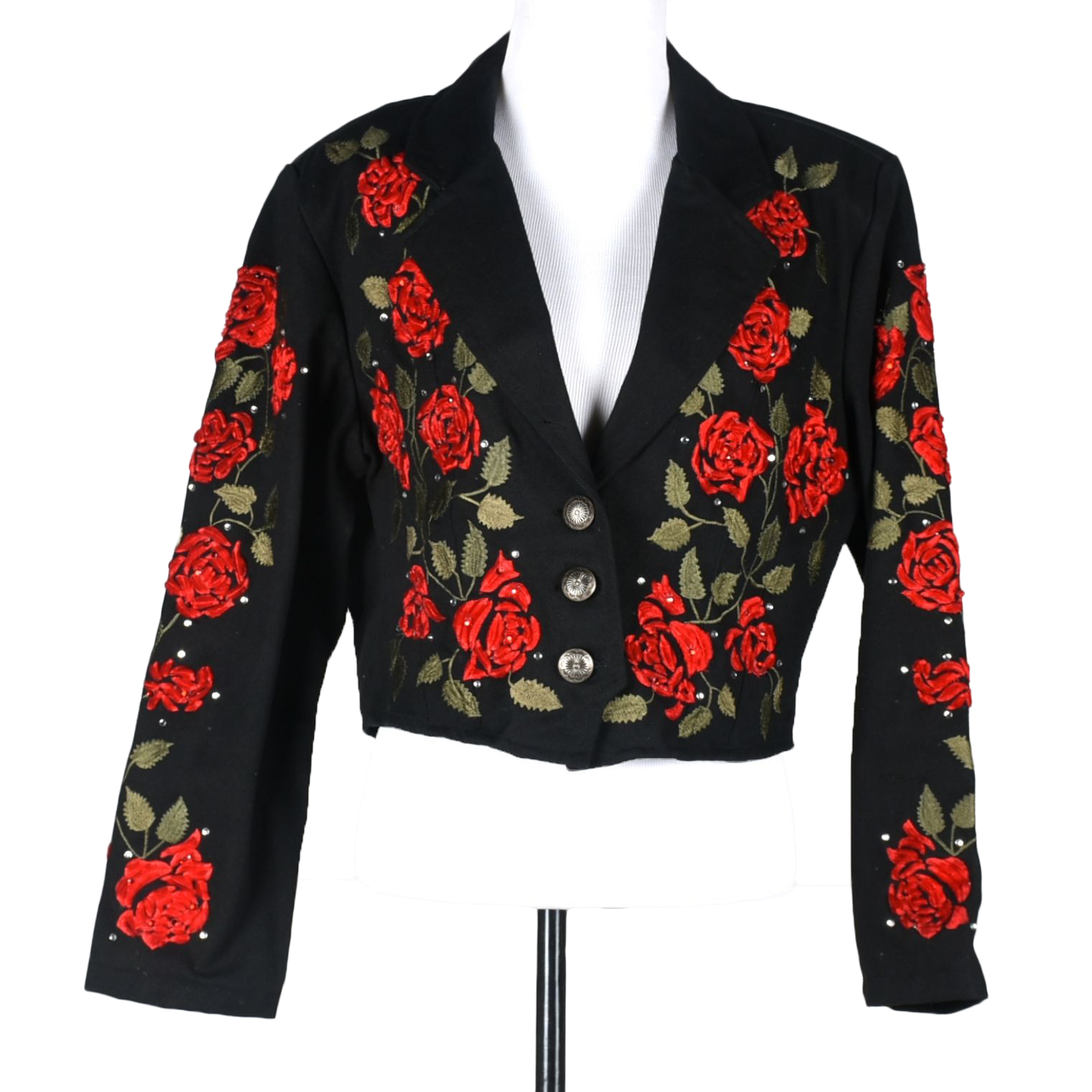 Valencia Black Denim Cropped Jacket with Embroidered Roses and Rhinestones