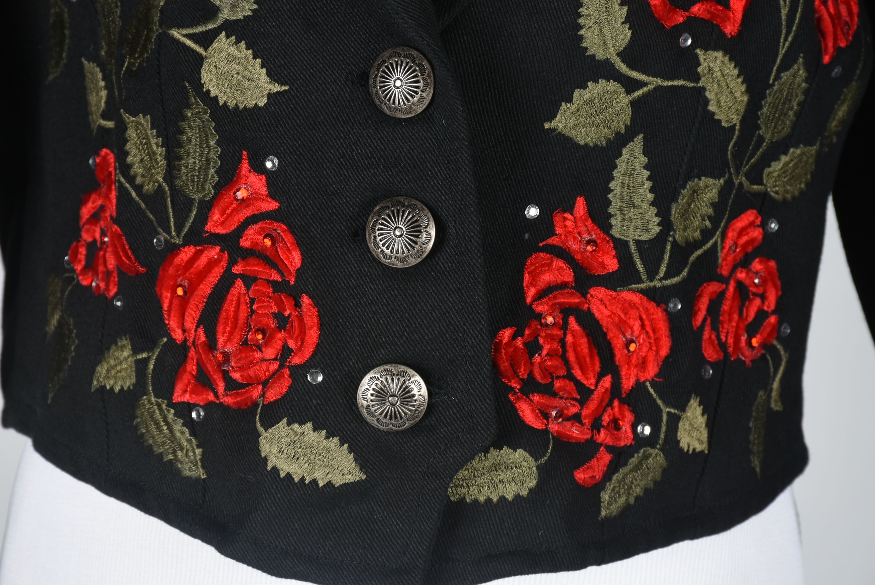 Valencia Black Denim Cropped Jacket with Embroidered Roses and Rhinestones