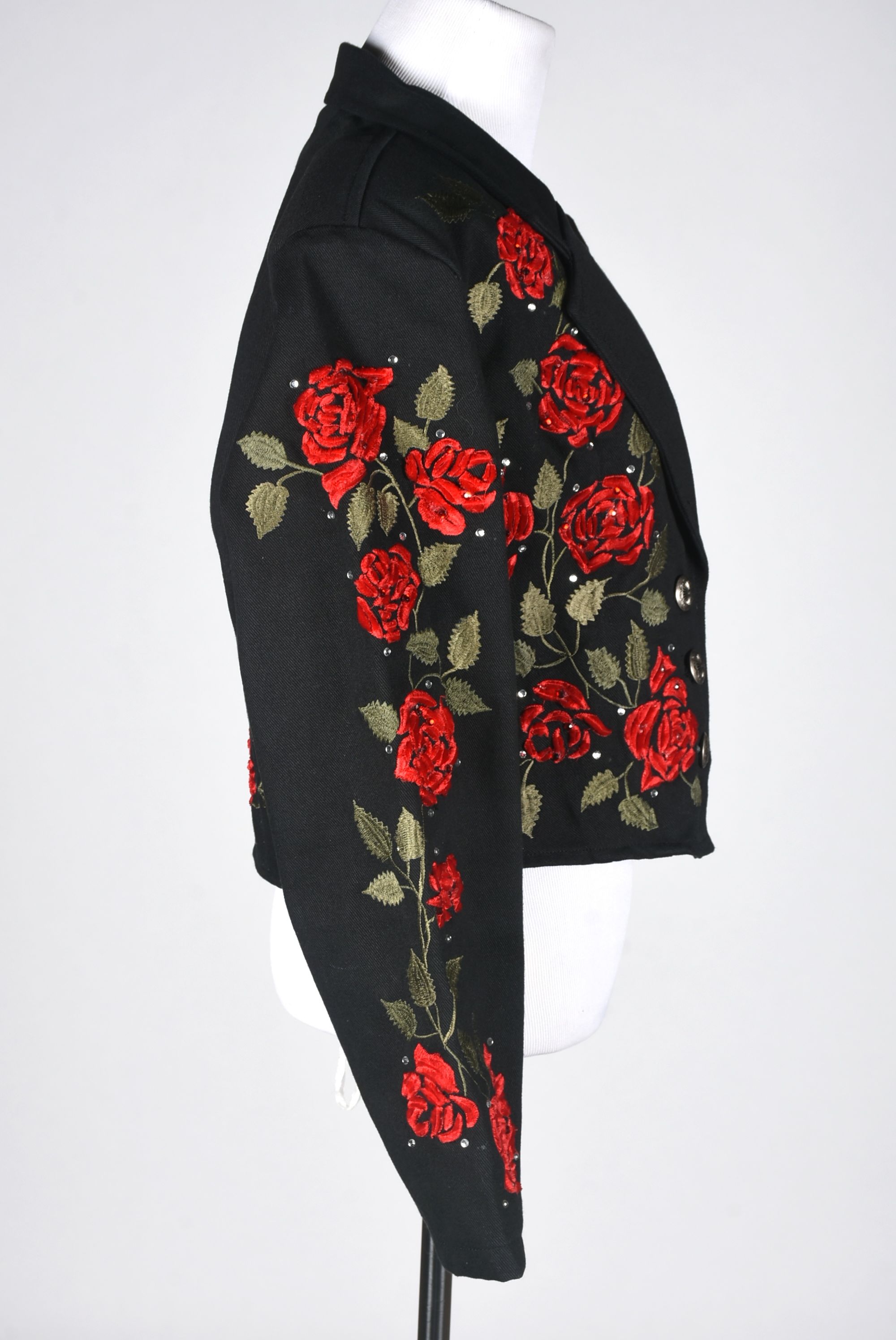Valencia Black Denim Cropped Jacket with Embroidered Roses and Rhinestones