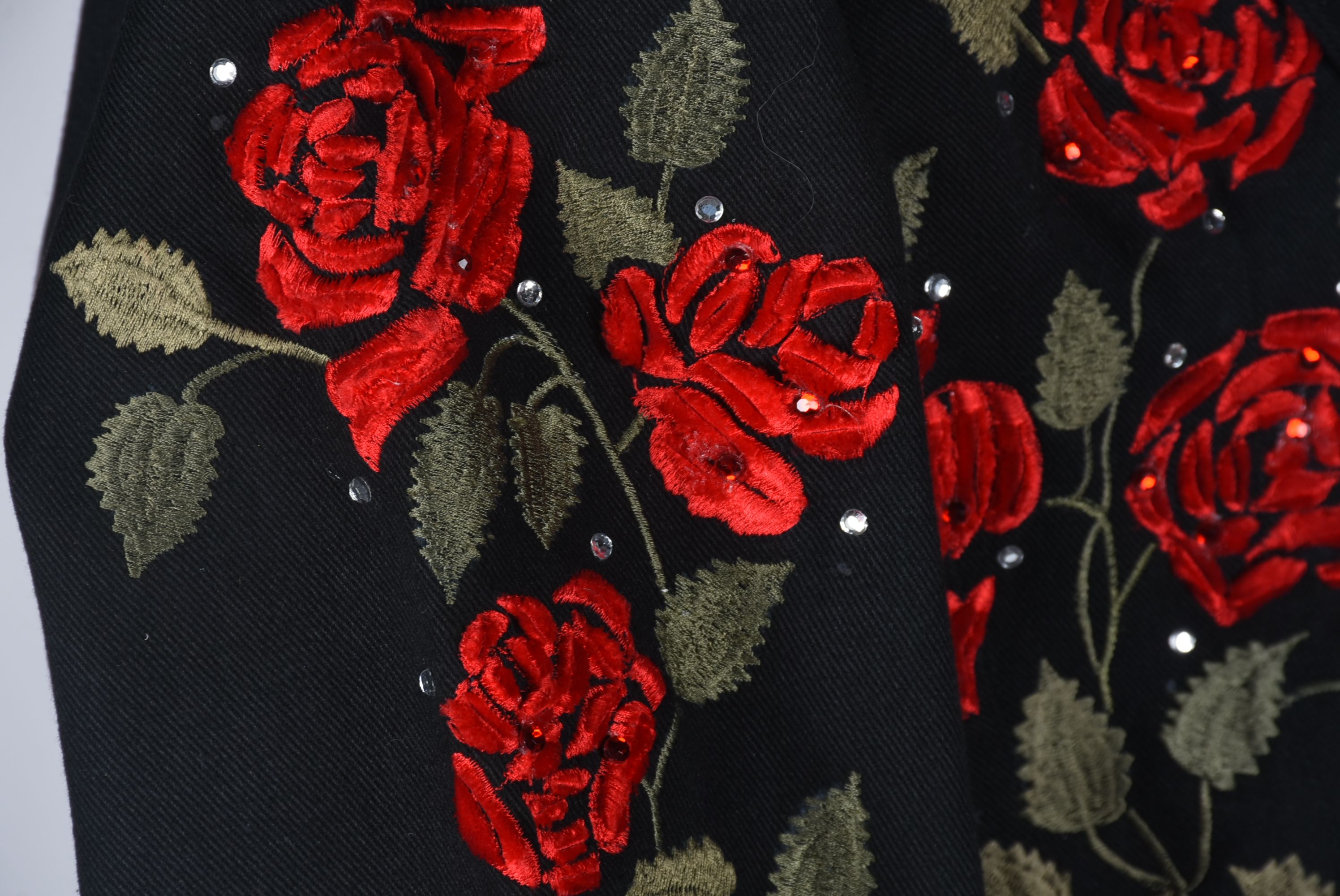 Valencia Black Denim Cropped Jacket with Embroidered Roses and Rhinestones