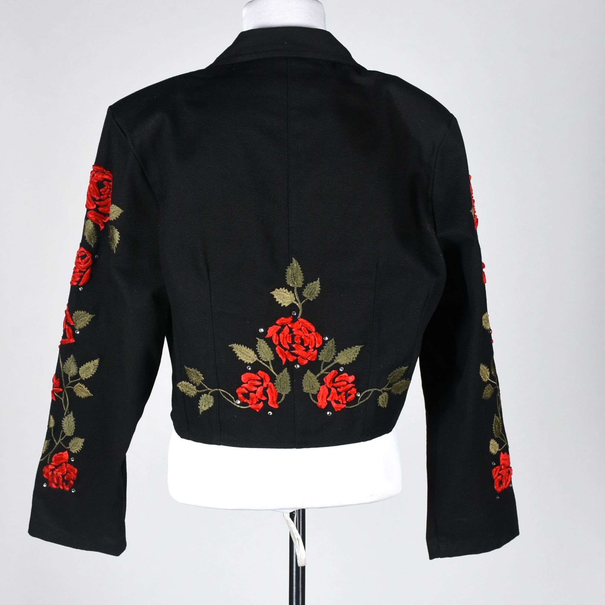 Valencia Black Denim Cropped Jacket with Embroidered Roses and Rhinestones
