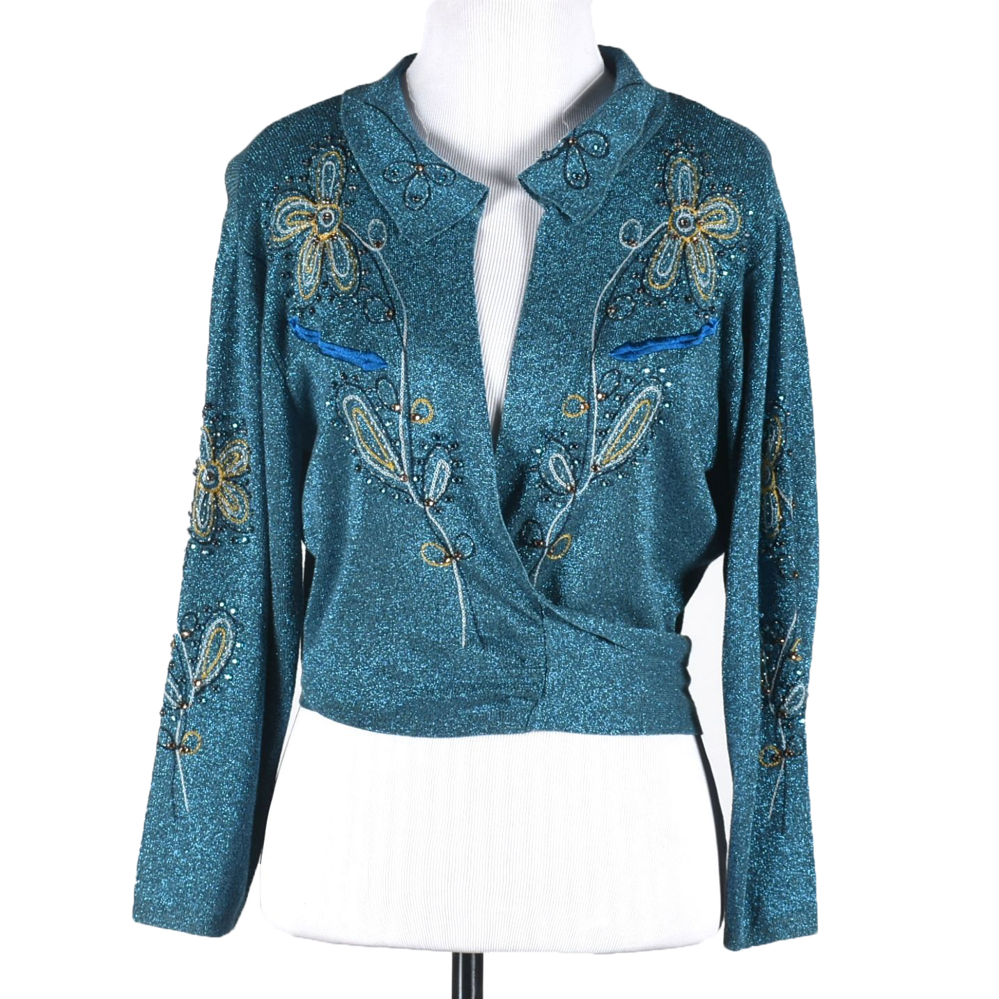 Double D Ranch of Yoakum, Texas Blue Glitter Embroidered Cropped Blouse with Beads and Tie Strap