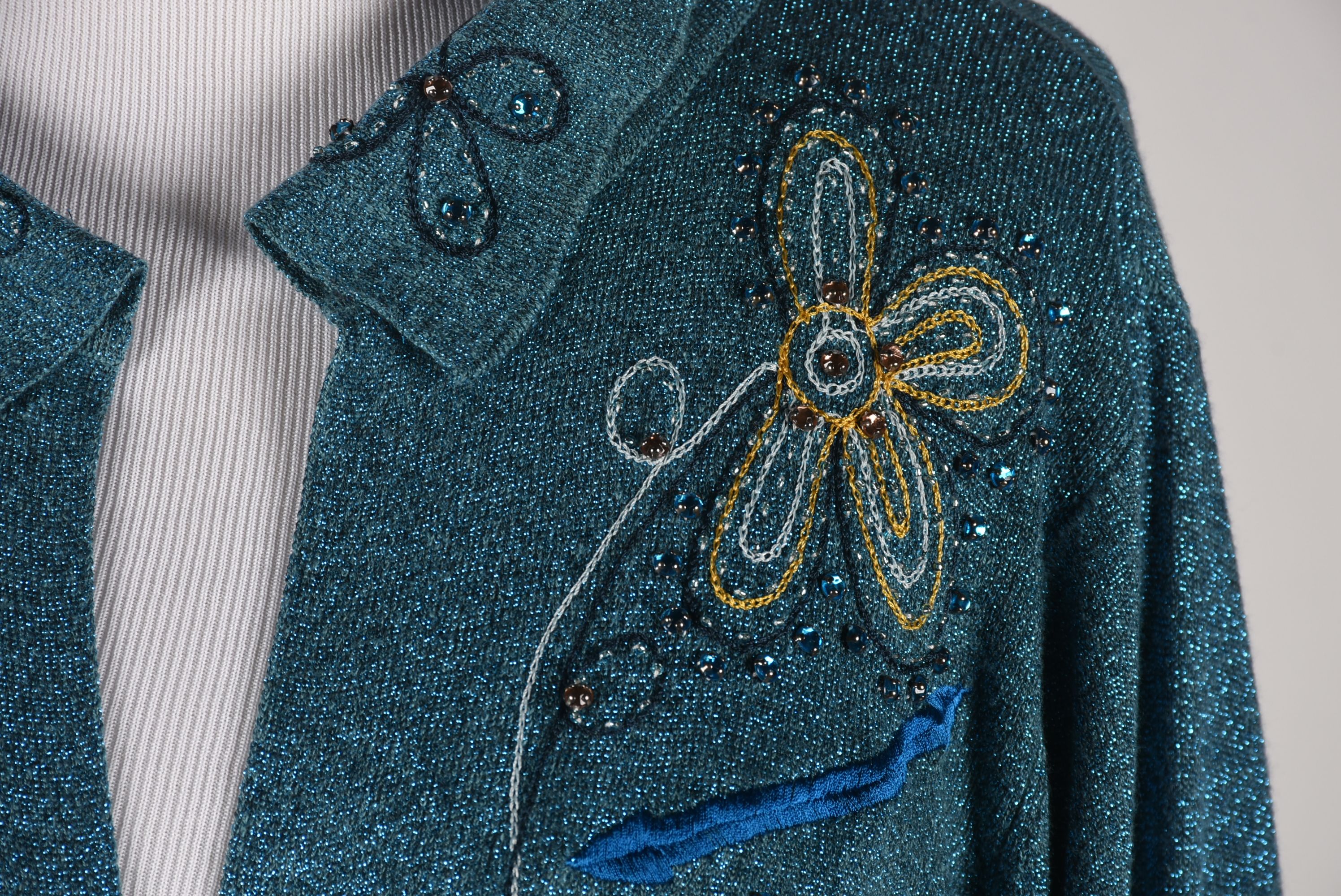 Double D Ranch of Yoakum, Texas Blue Glitter Embroidered Cropped Blouse with Beads and Tie Strap