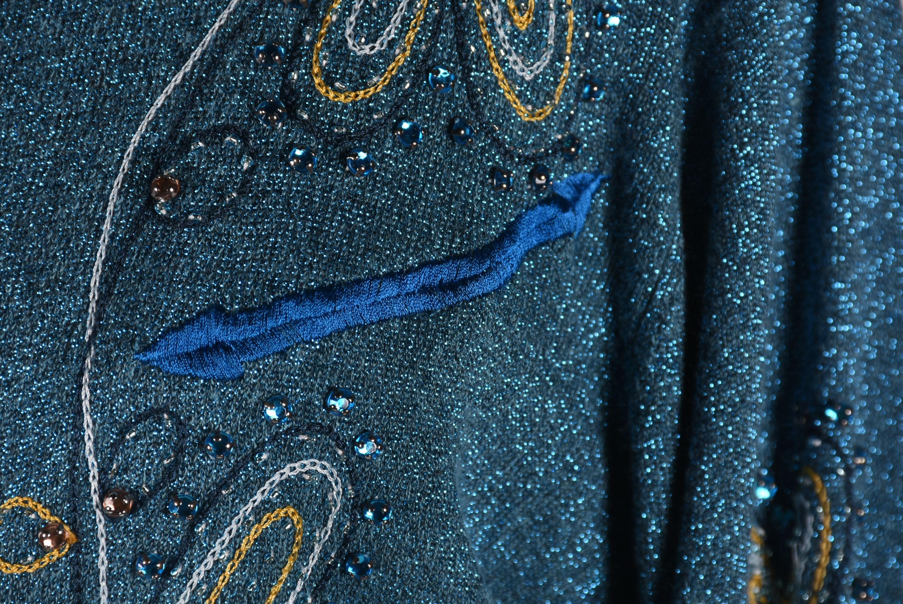 Double D Ranch of Yoakum, Texas Blue Glitter Embroidered Cropped Blouse with Beads and Tie Strap