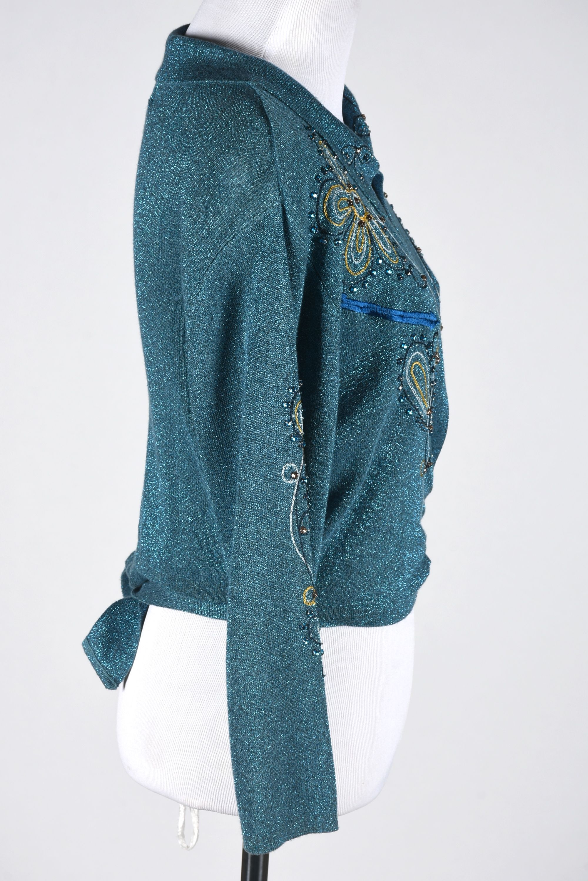 Double D Ranch of Yoakum, Texas Blue Glitter Embroidered Cropped Blouse with Beads and Tie Strap
